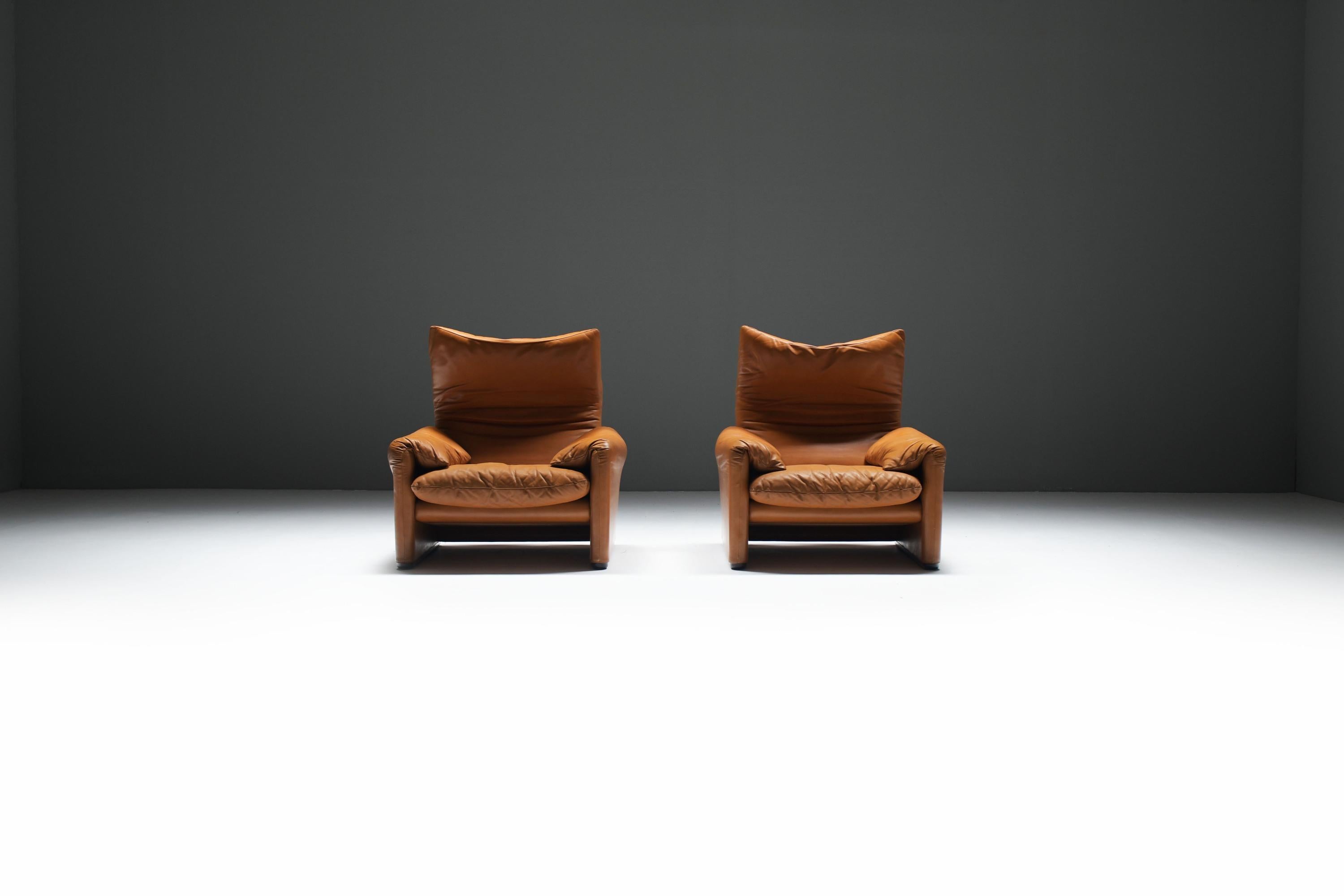 Atemberaubende Maralunga Lounge Sessel aus cognacfarbenem Leder von Vico Magistretti für Cassina im Angebot 1