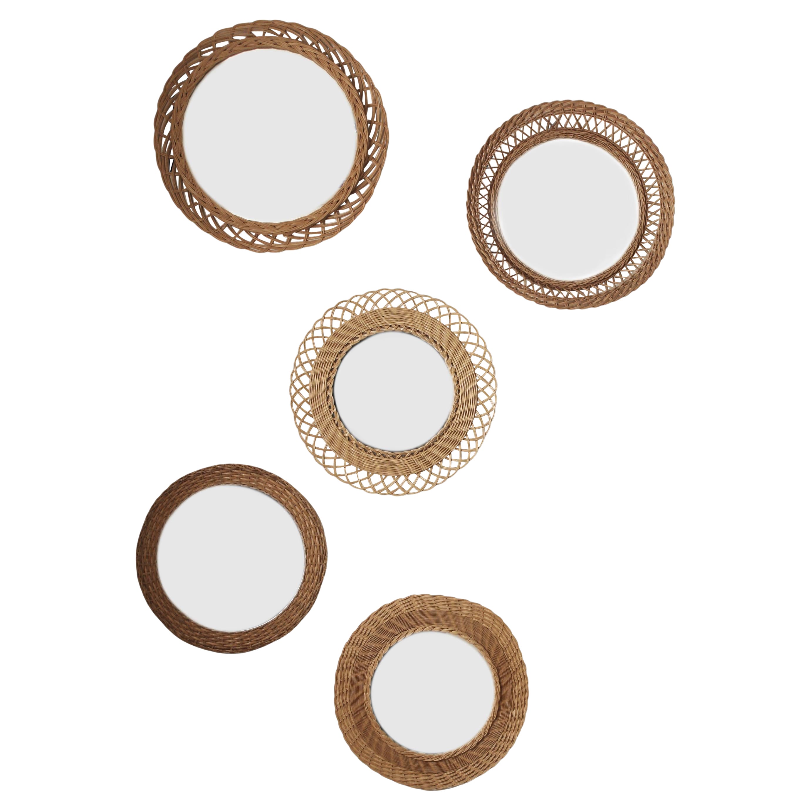 Stunning Collection consisting of 5 French Mid-Century Modern Rattan Mirrors For Sale