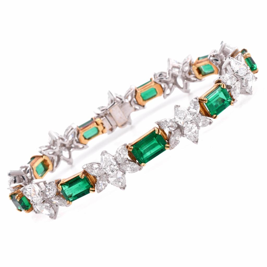 Emerald Cut Colombian Emerald Diamond Platinum Gold Bracelet