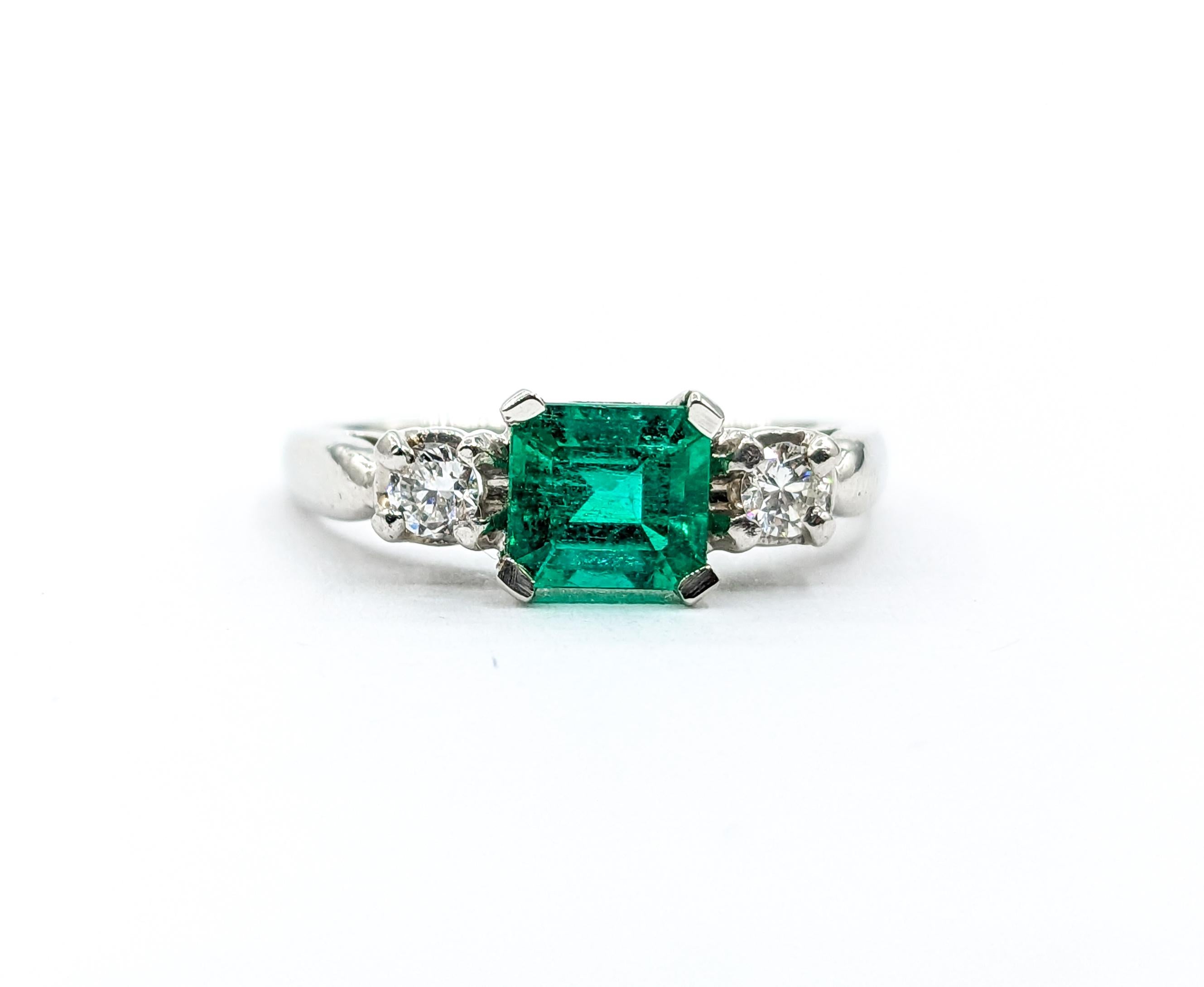 Emerald Cut Stunning Colombian Emerald & Diamond Platinum Ring For Sale