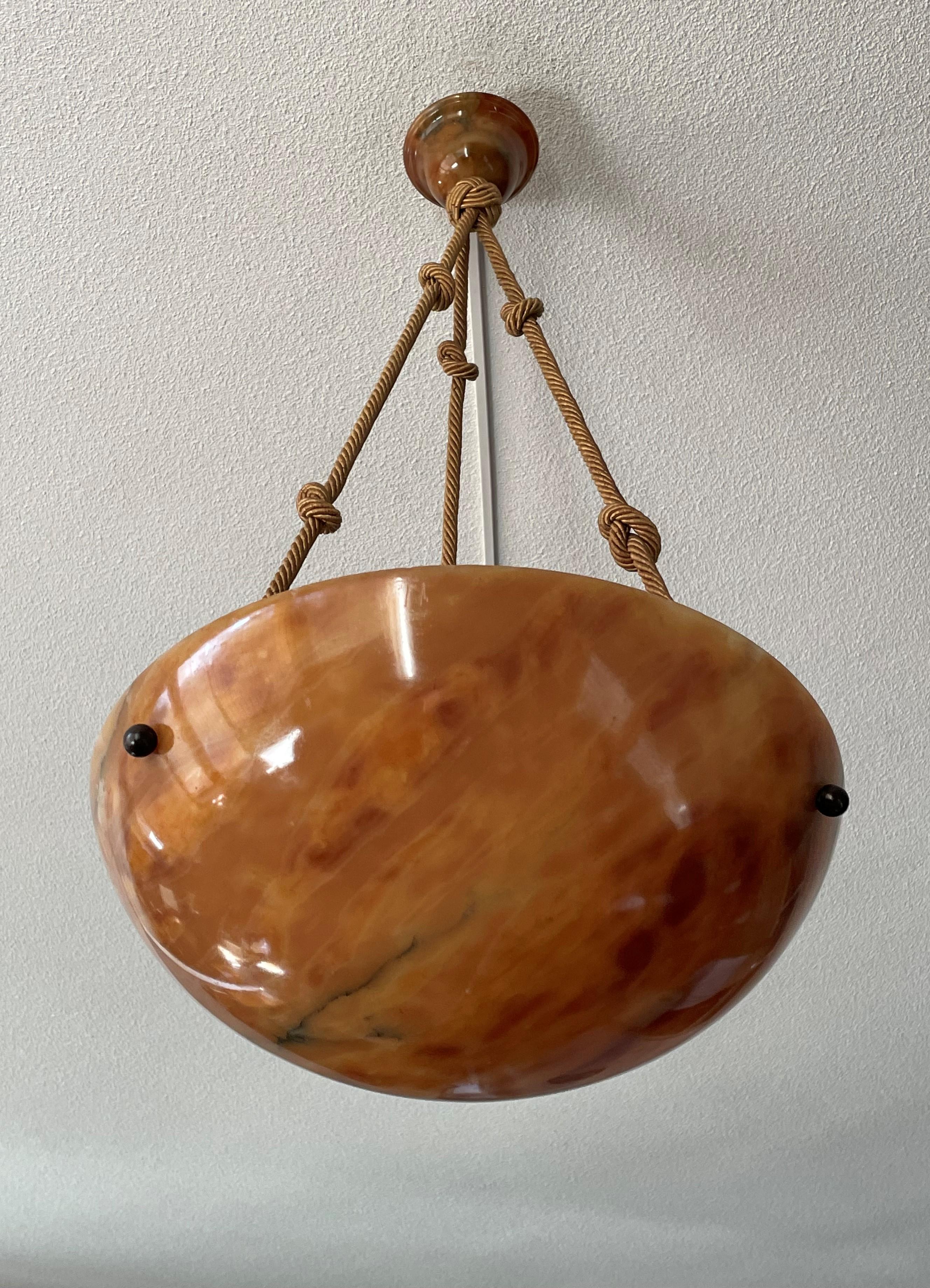 Stunning Color Art Deco Era Alabaster Pendant with Perfect Rope and Mint Canopy For Sale 8