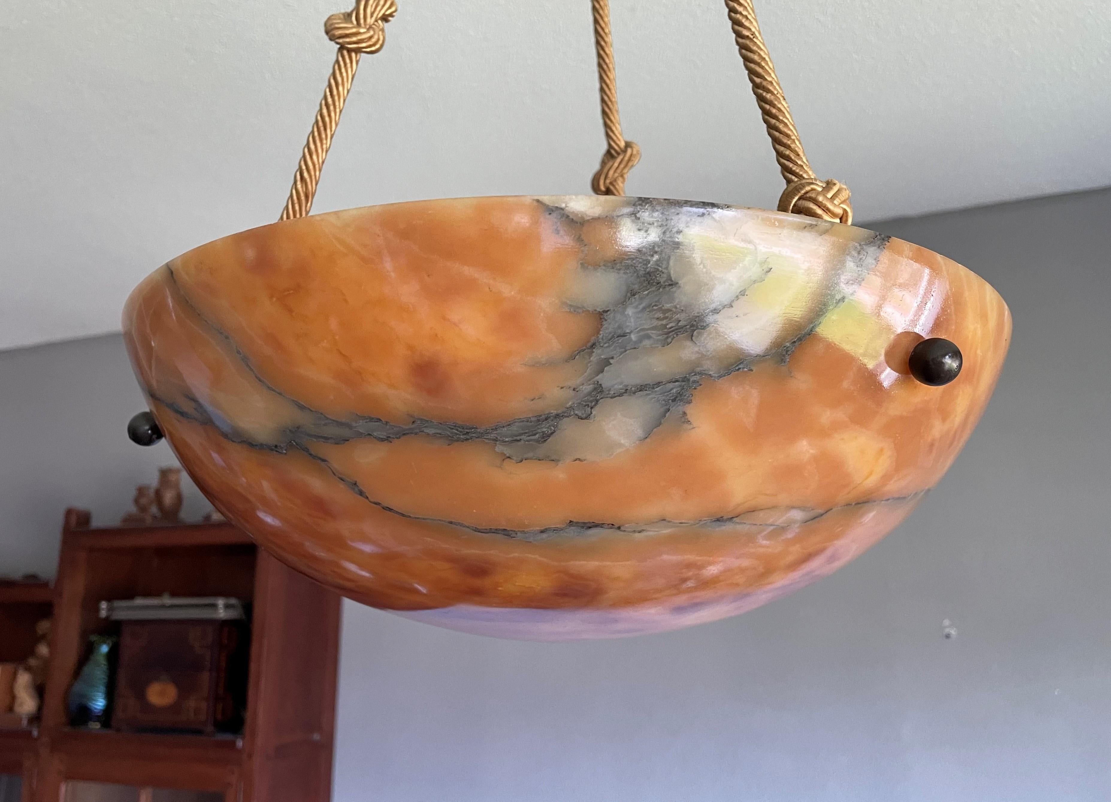 Stunning Color Art Deco Era Alabaster Pendant with Perfect Rope and Mint Canopy For Sale 11