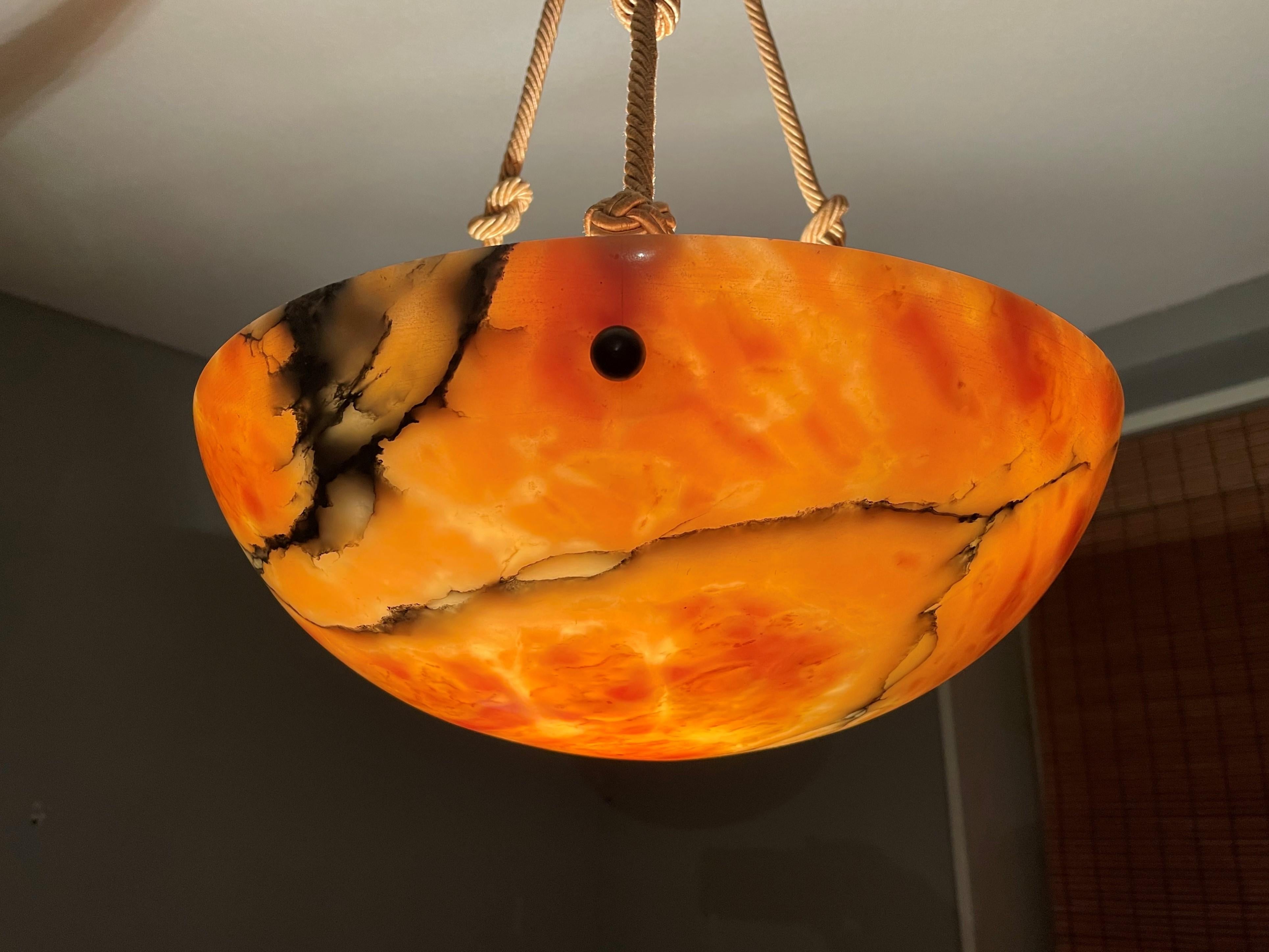 Stunning Color Art Deco Era Alabaster Pendant with Perfect Rope and Mint Canopy For Sale 12