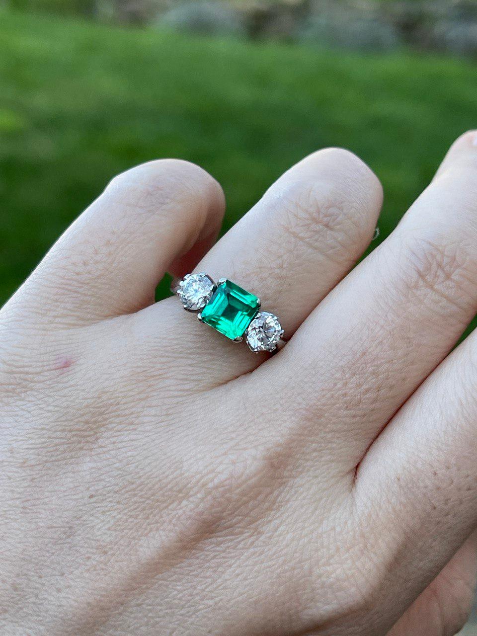 Stunning Columbia Emerald Diamond Platinum Three Stone Engagement Ring For Sale 2