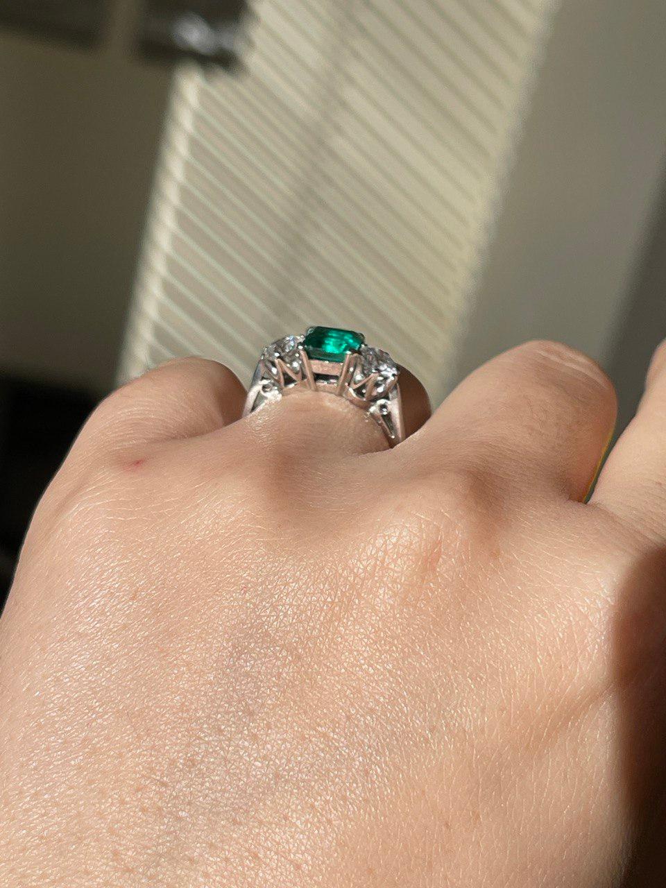 Stunning Columbia Emerald Diamond Platinum Three Stone Engagement Ring For Sale 3