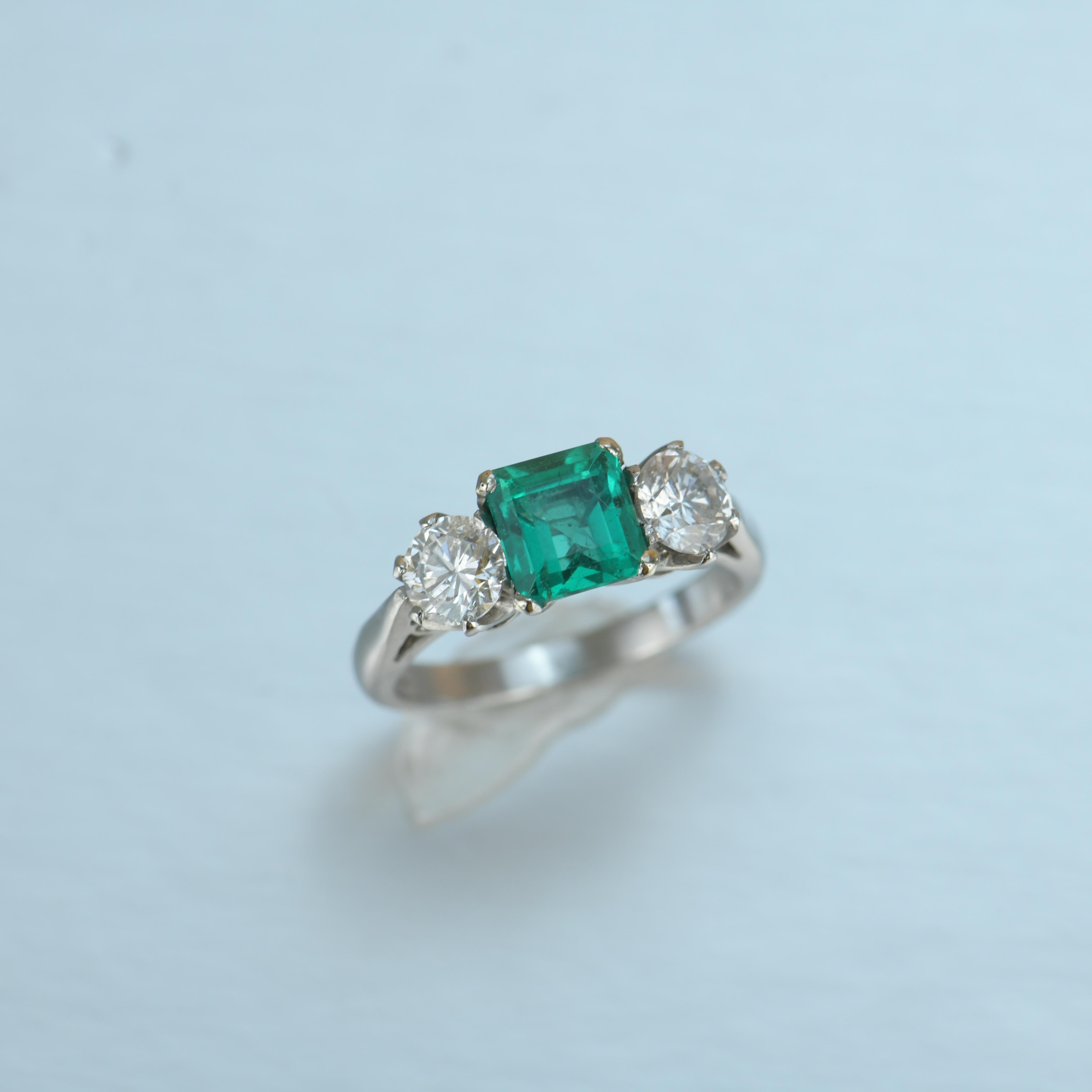 Emerald Cut Stunning Columbia Emerald Diamond Platinum Three Stone Engagement Ring For Sale