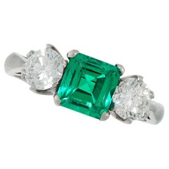 Stunning Columbia Emerald Diamond Platinum Three Stone Engagement Ring