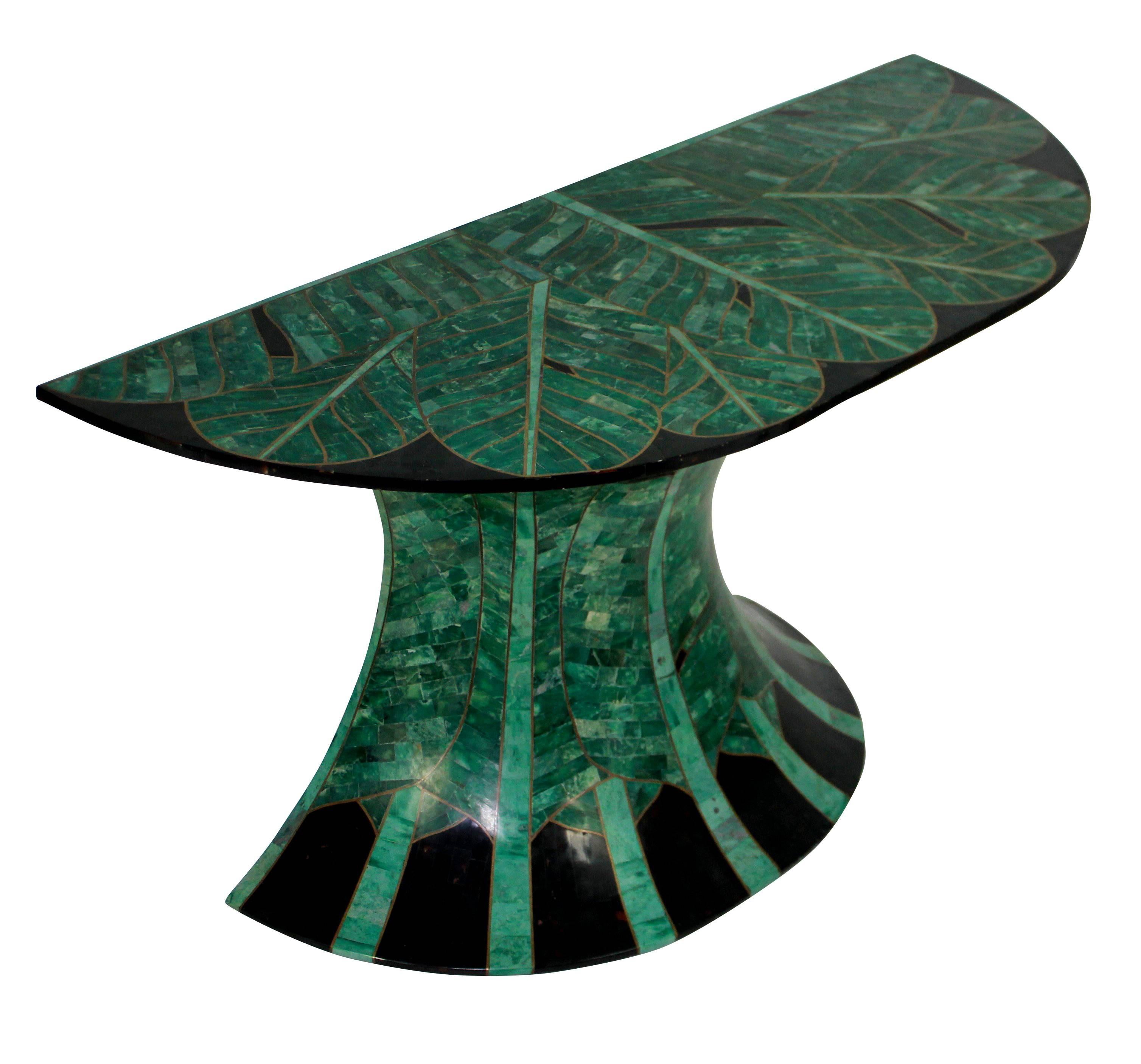 Mid-Century Modern Stunning Console in Malachite and Brass with Palm Leaf Detail