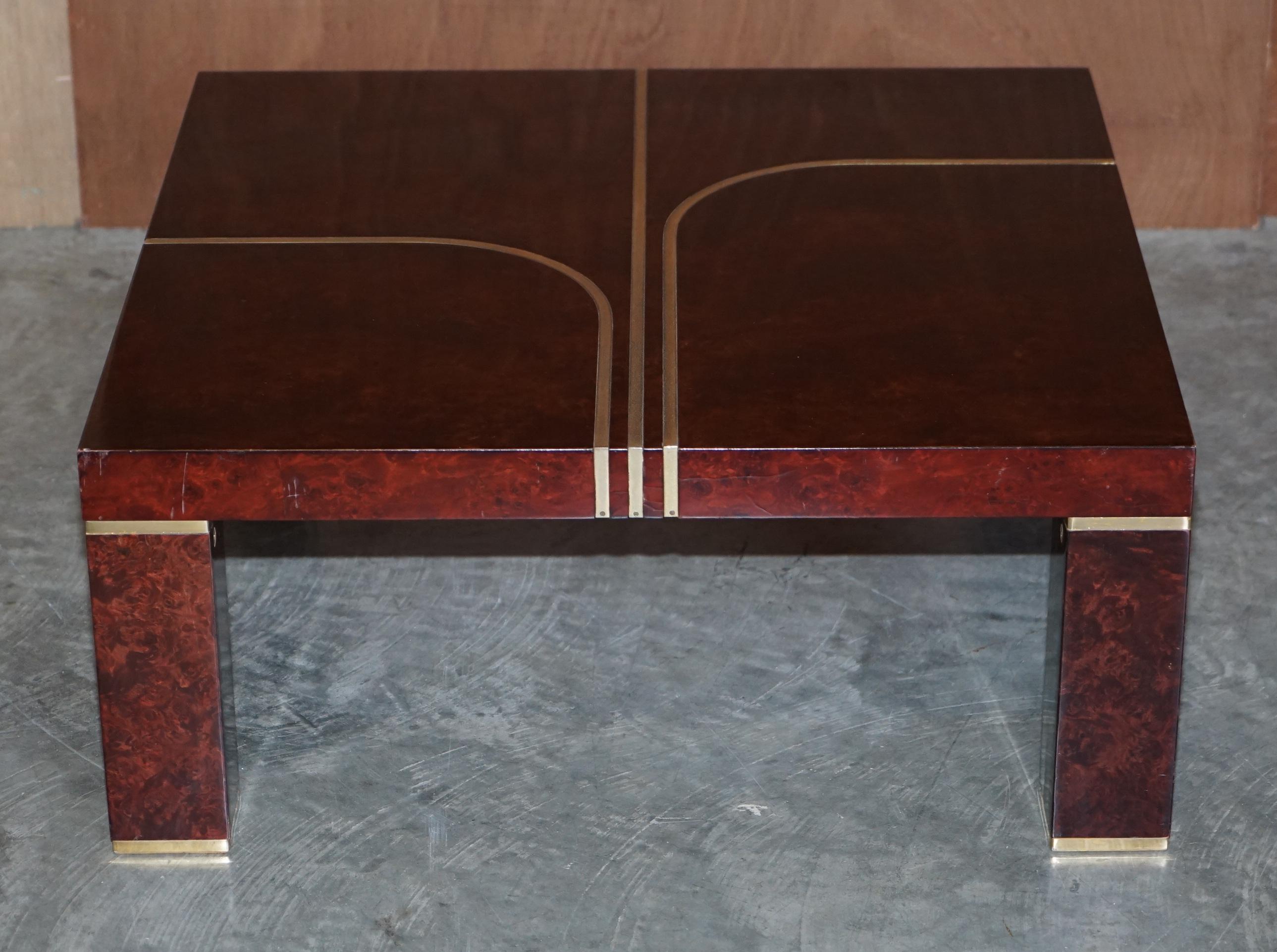 We are delighted to offer for sale this Contemporary Art Modern Burr walnut & brass inlaid coffee table

This is truly a stunning piece, the brass accents really compliment the burr & burl walnut finish, it is a very decorative table

I have