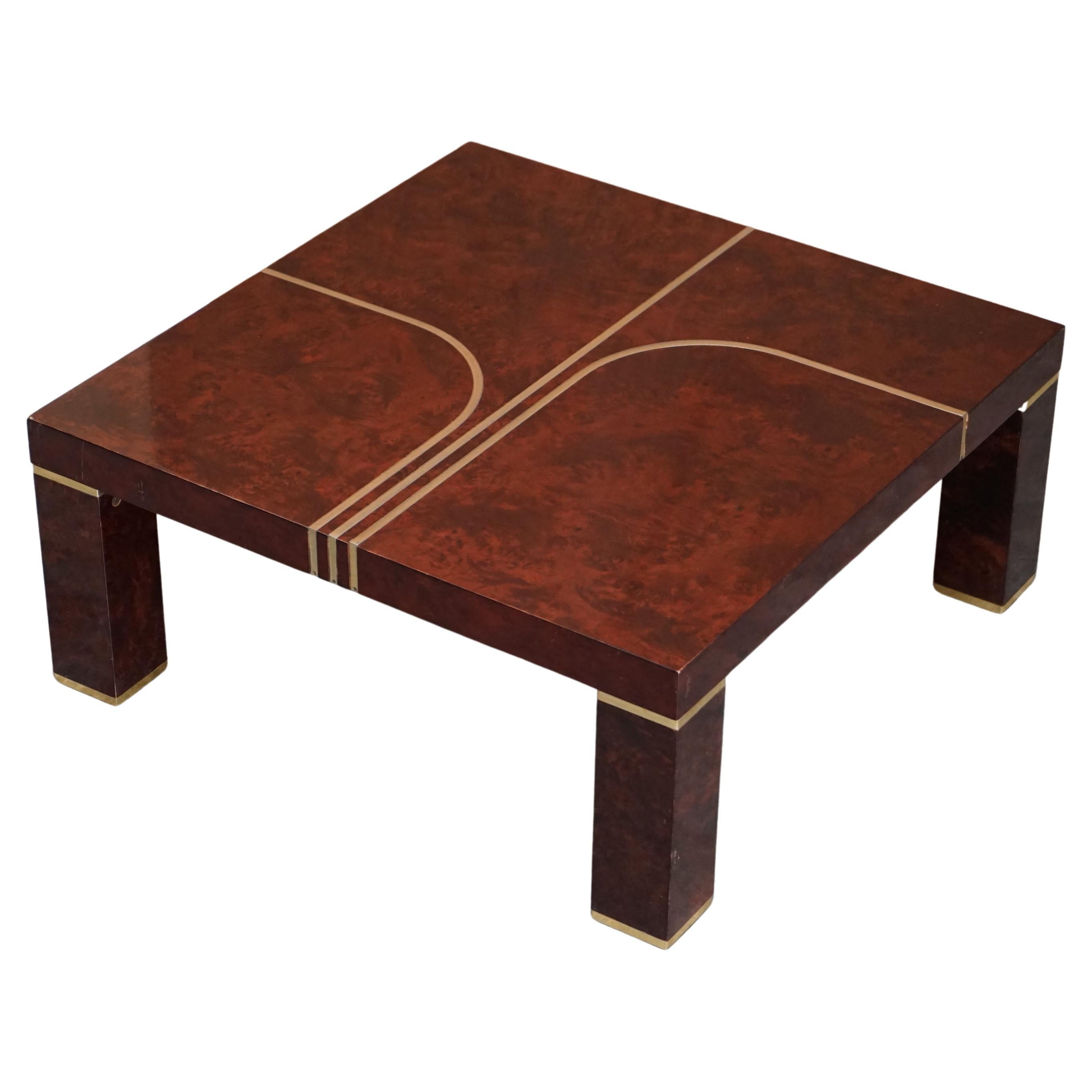 Stunning Contemporary Art Modern Burr Walnut, Brass Inaly Coffee Cocktail Table For Sale