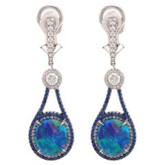 Stunning contemporary black opal diamond sapphire 18k white gold drop earrings