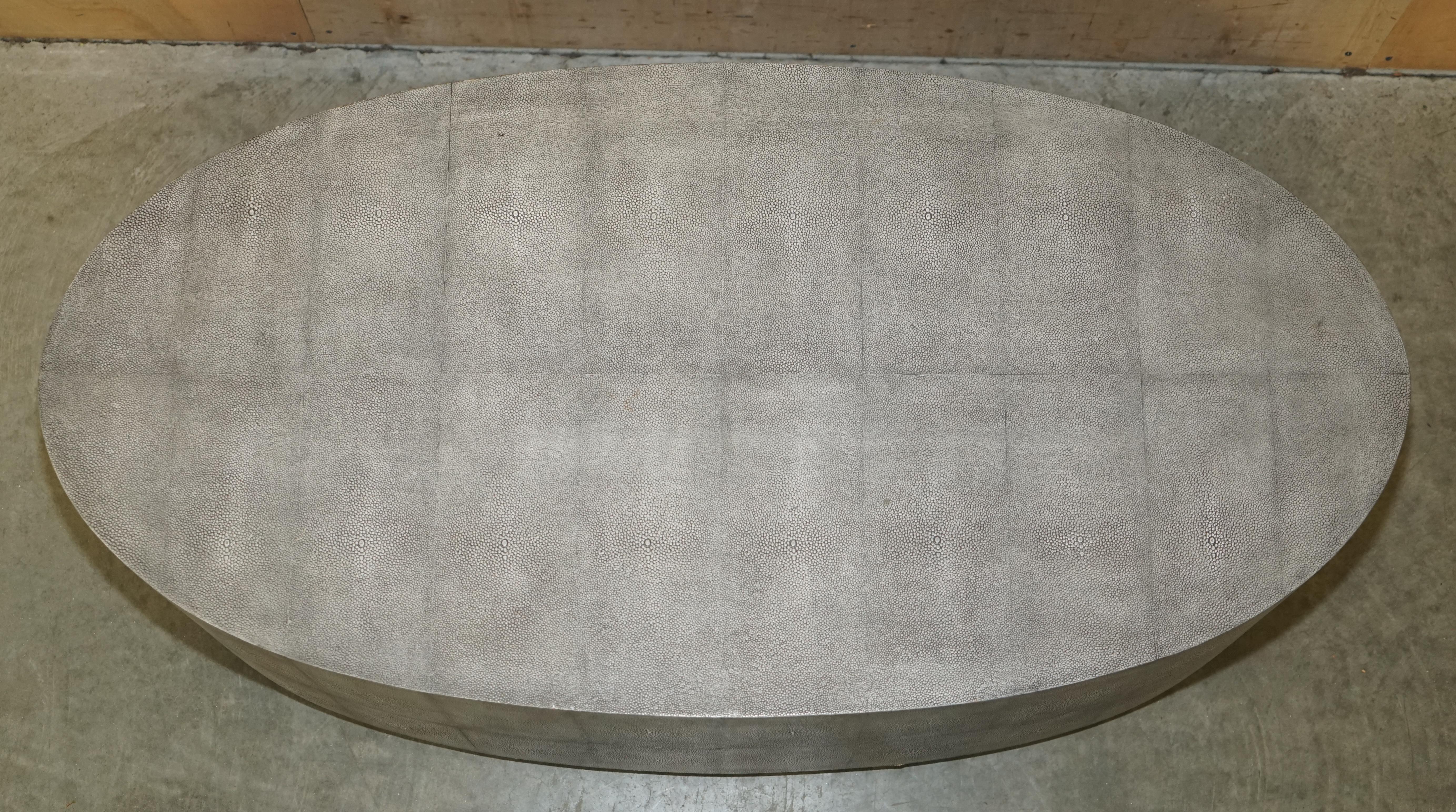 We are delighted to offer for sale this stunning, large, oval Shagreen (Shark or Manta ray skin) coffee table 

These are a very substantial coffee table. Shagreen for those of you who aren’t familiar is Shark or Ray skin. There are reproductions