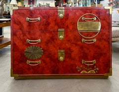 Stunning Coral Red Lacquer & Brass Mastercraft Asian Chest