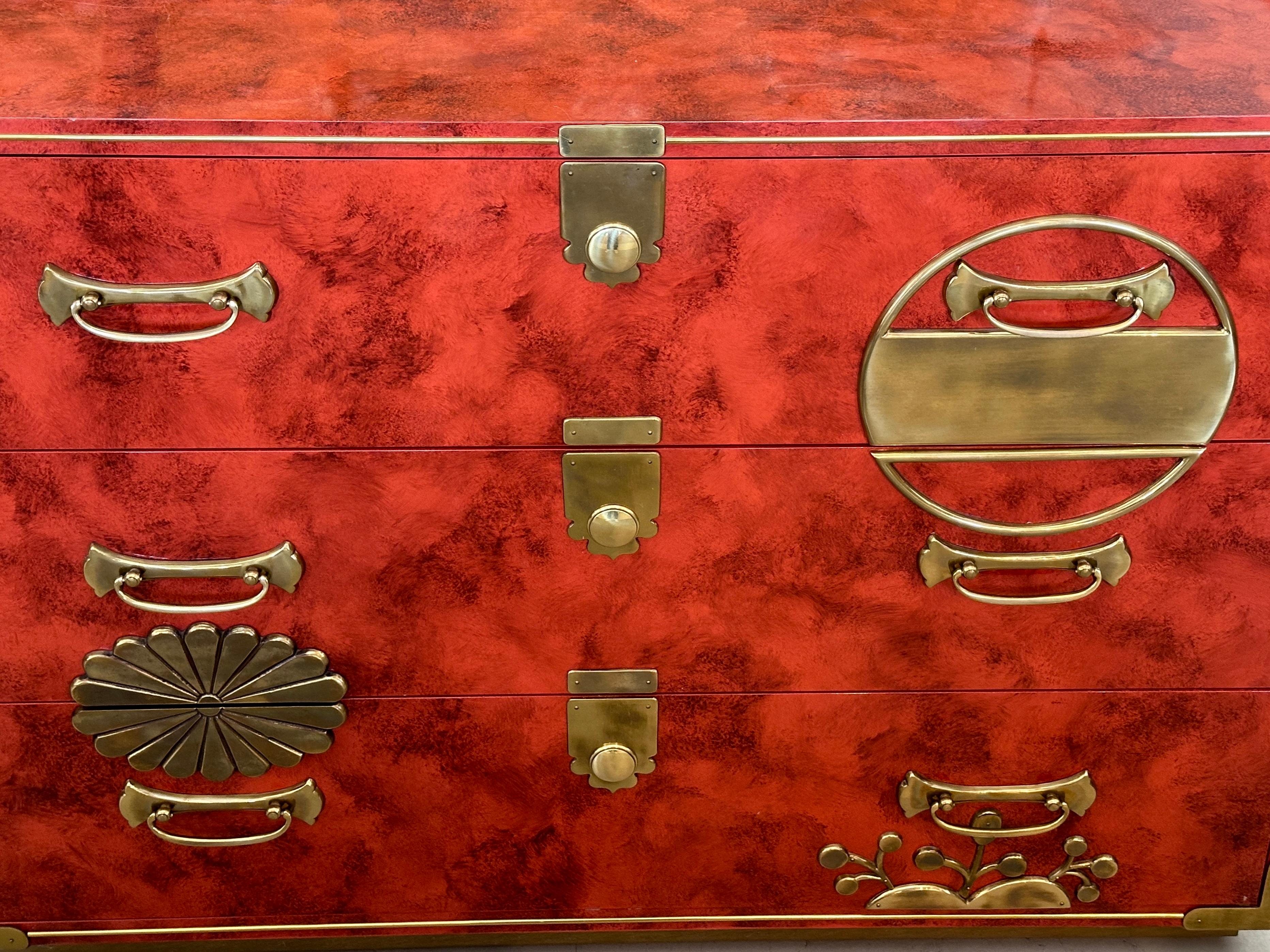 American Stunning Coral Red Lacquer & Brass Mastercraft Asian Chest For Sale