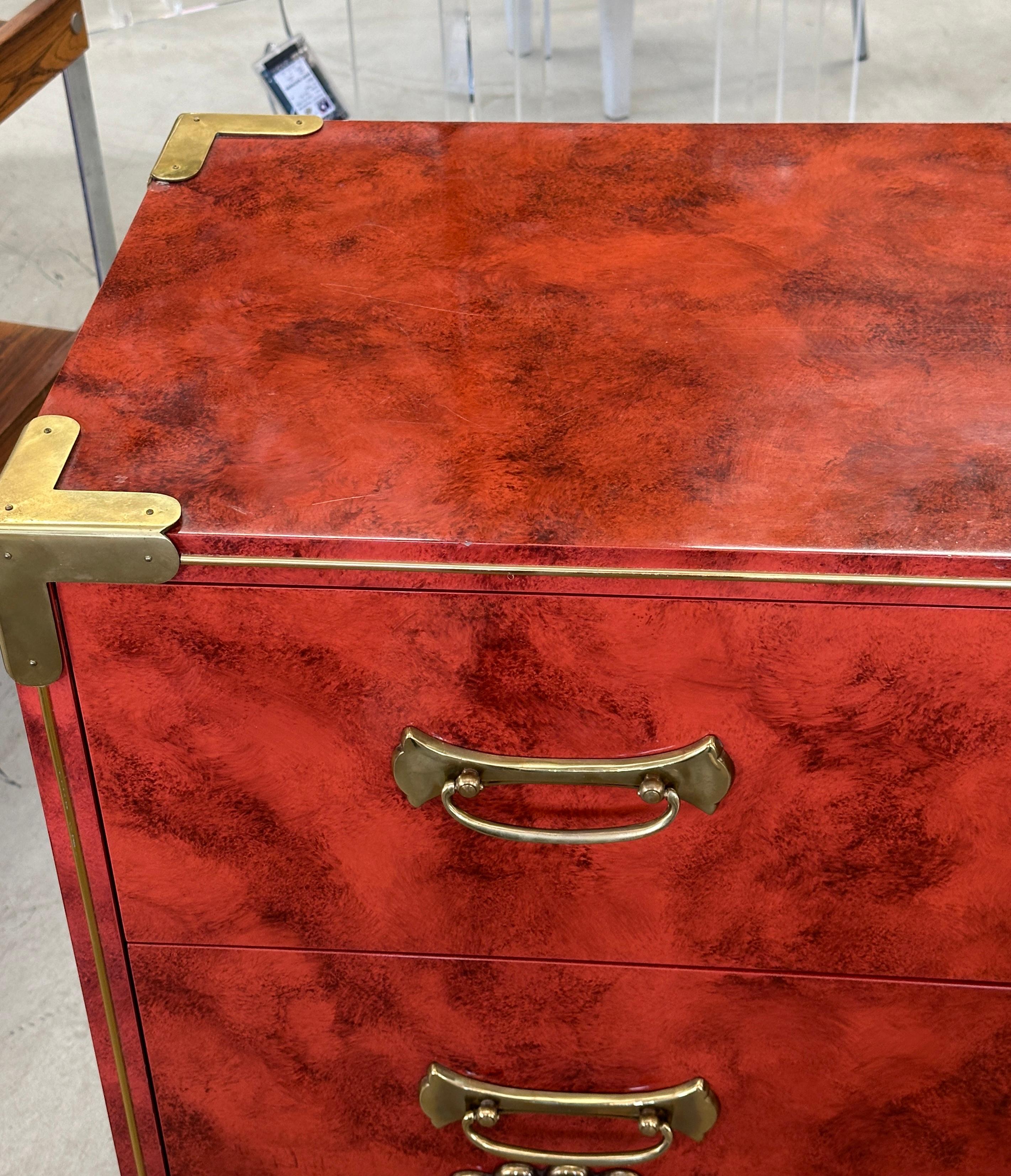 Hand-Crafted Stunning Coral Red Lacquer & Brass Mastercraft Asian Chest For Sale