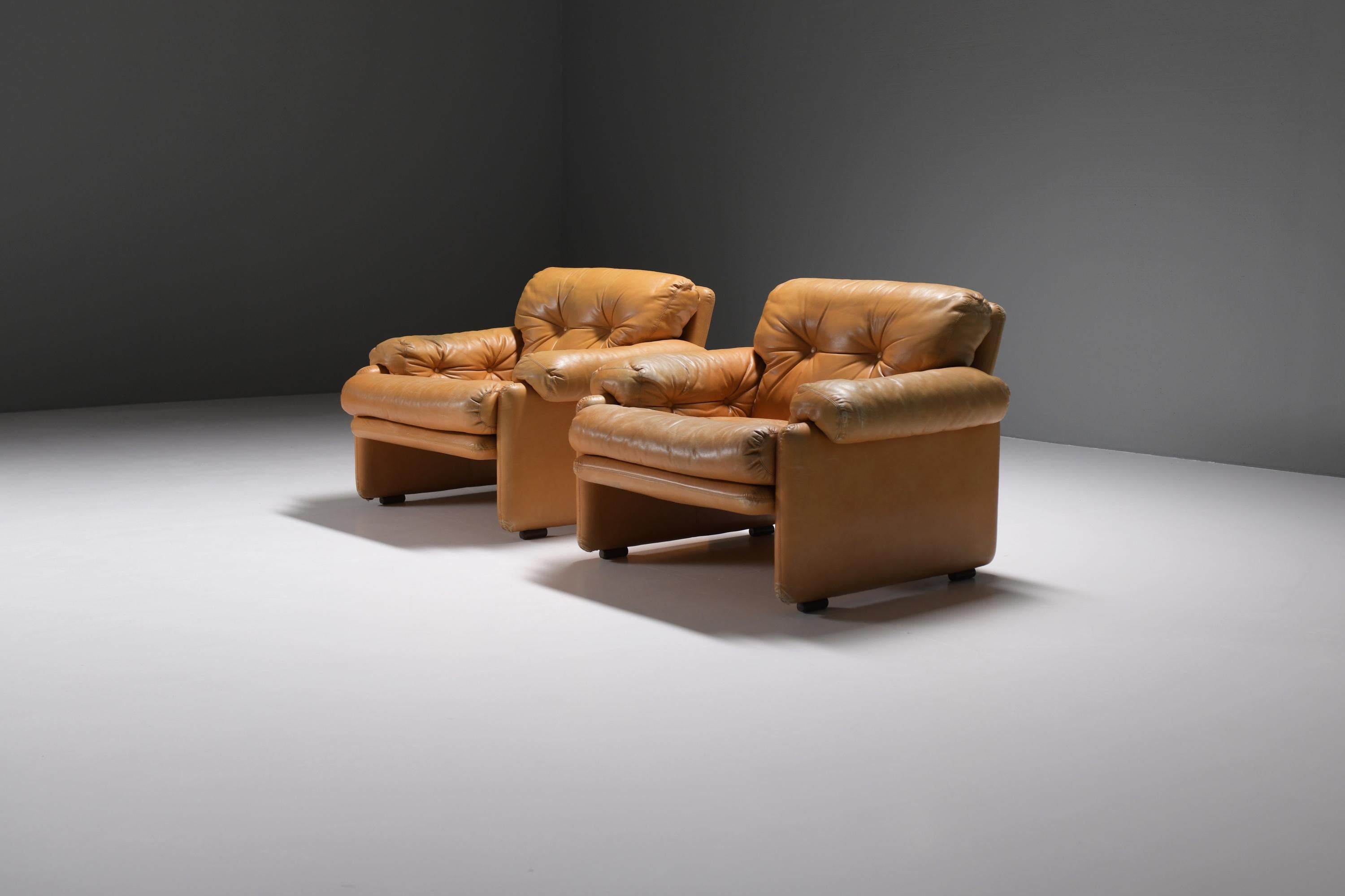 Stunning & matching Coronado set in its original cognac leather.  Perfect patina! 
Designed by Afra & Tobia Scarpa for B&B Italia.

The 'Coronado' lounge chair is designed by Afra & Tobia Scarpa. The seat has a soft line and a voluminous look. The