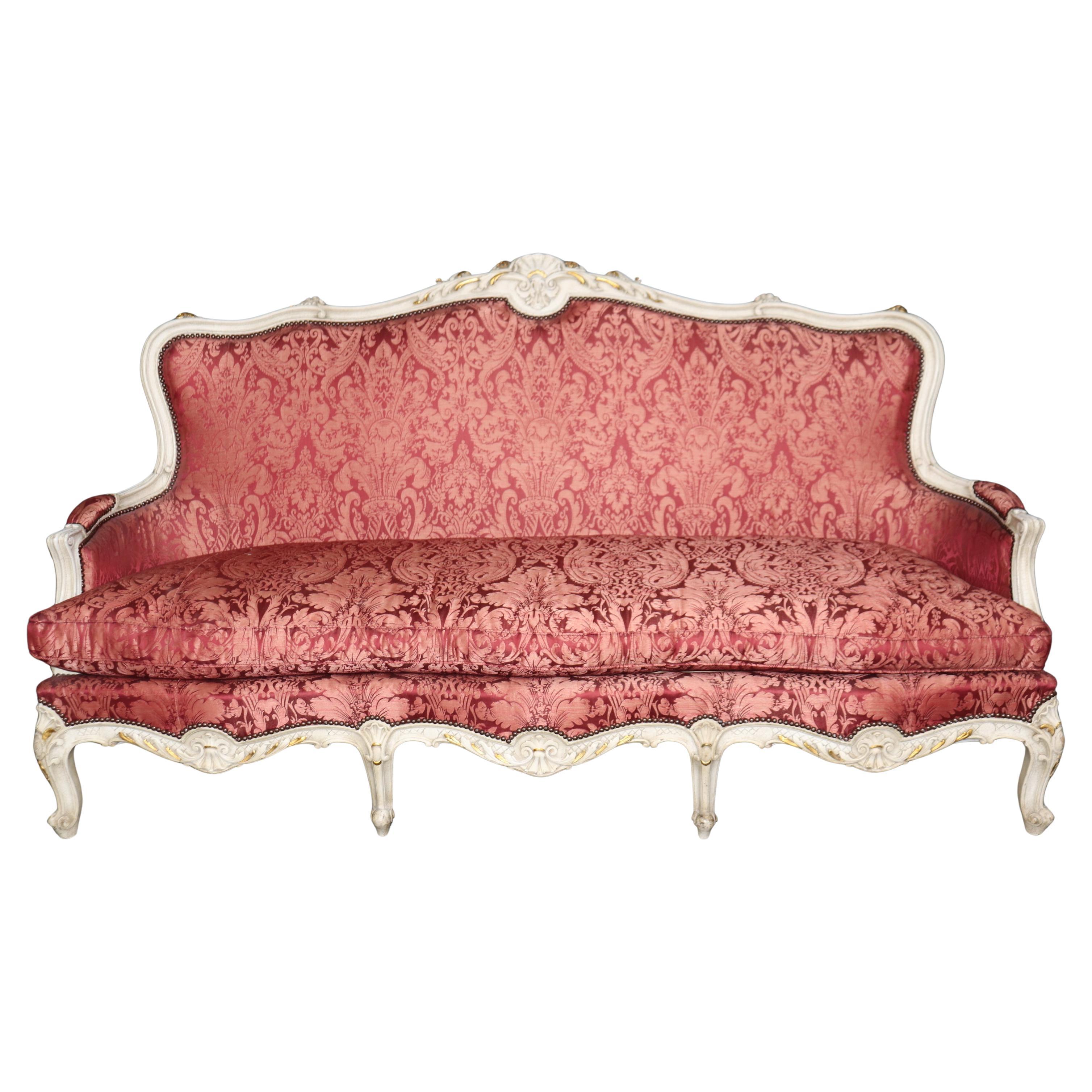 Stunning Crackle Painted and Gilded Silk Upholstered French Louis XV Settee