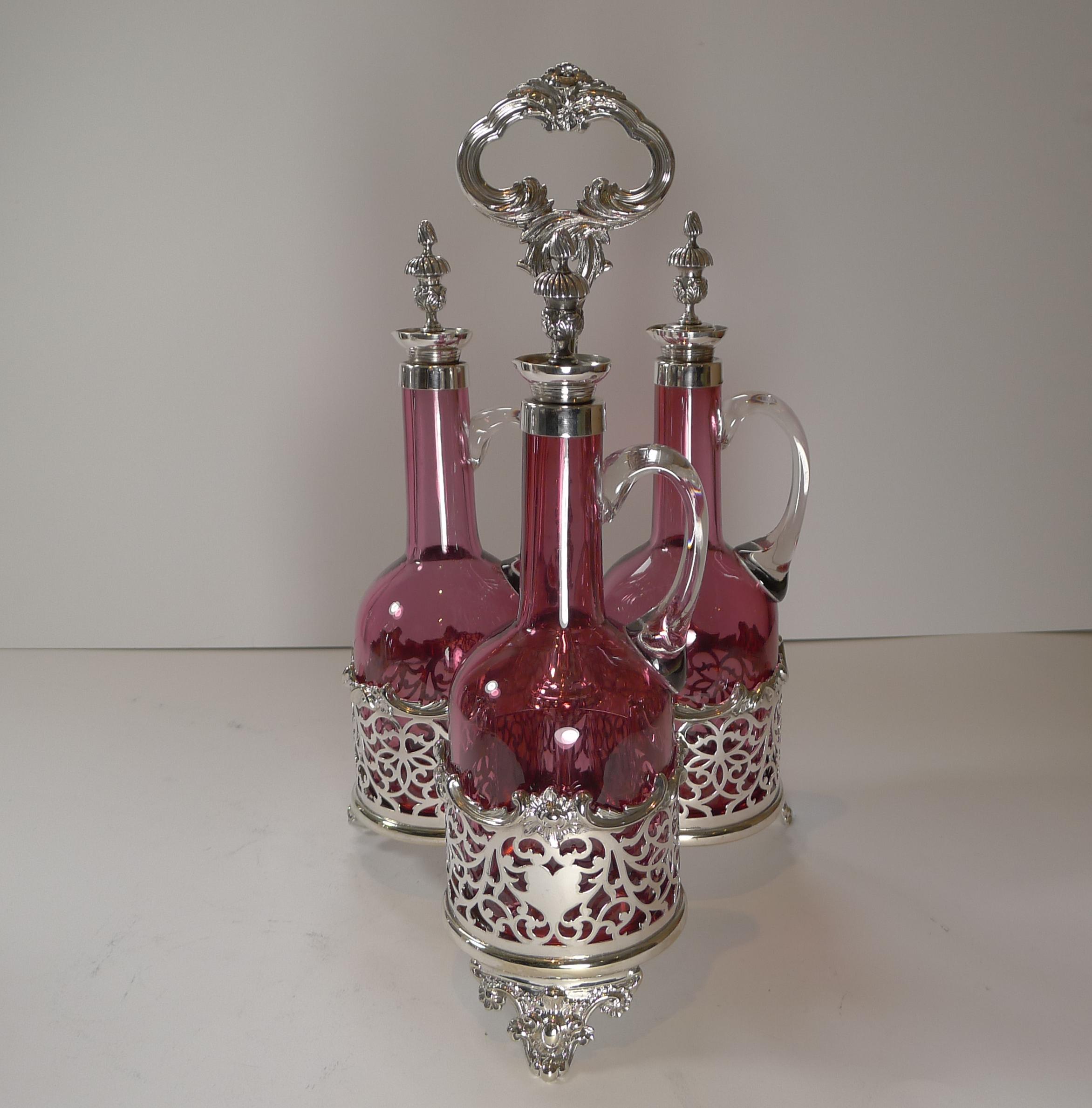 Stunning Cranberry Glass and Silver Plate Decanter Set c.1890 For Sale 5