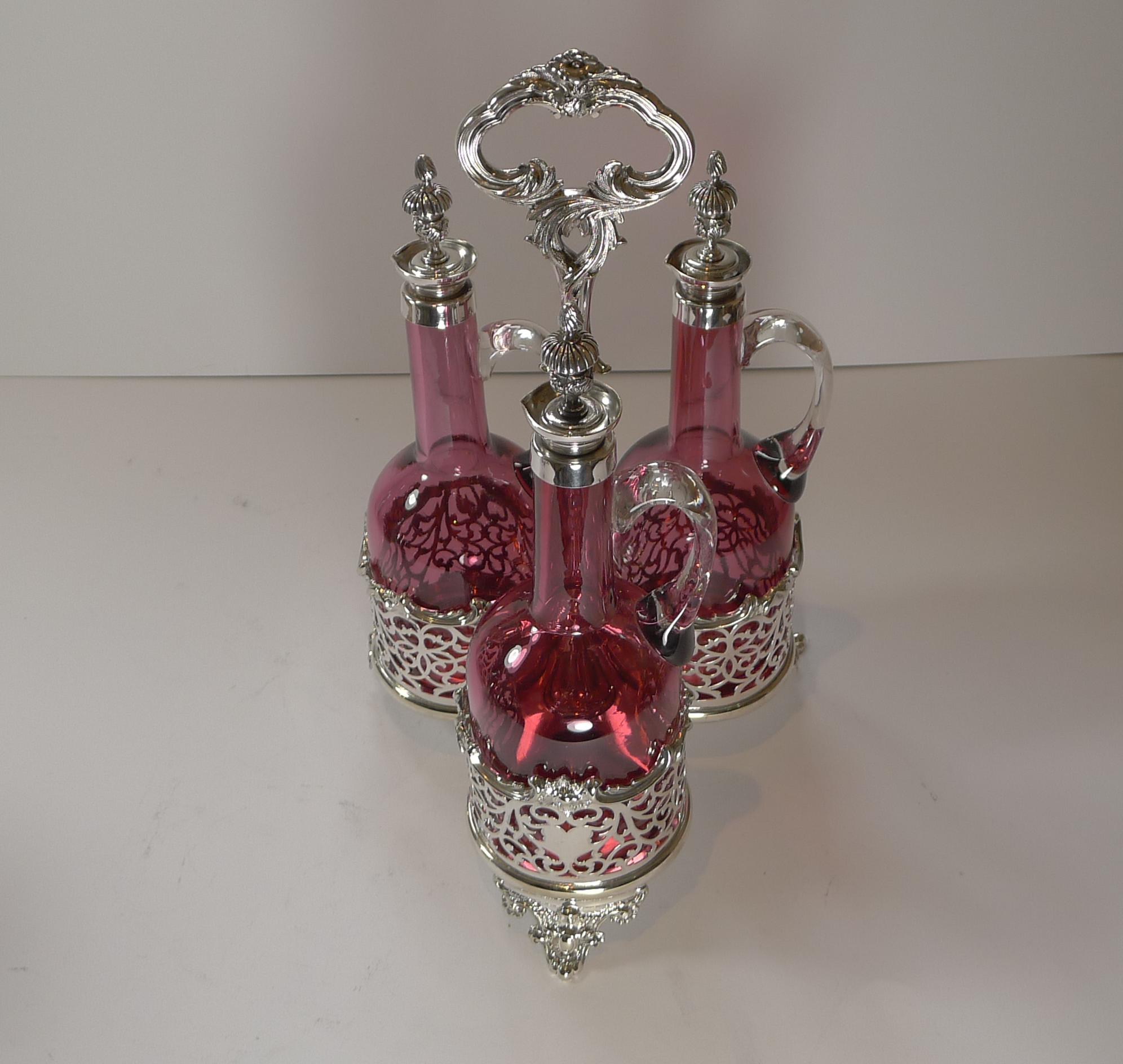Stunning Cranberry Glass and Silver Plate Decanter Set c.1890 For Sale 6