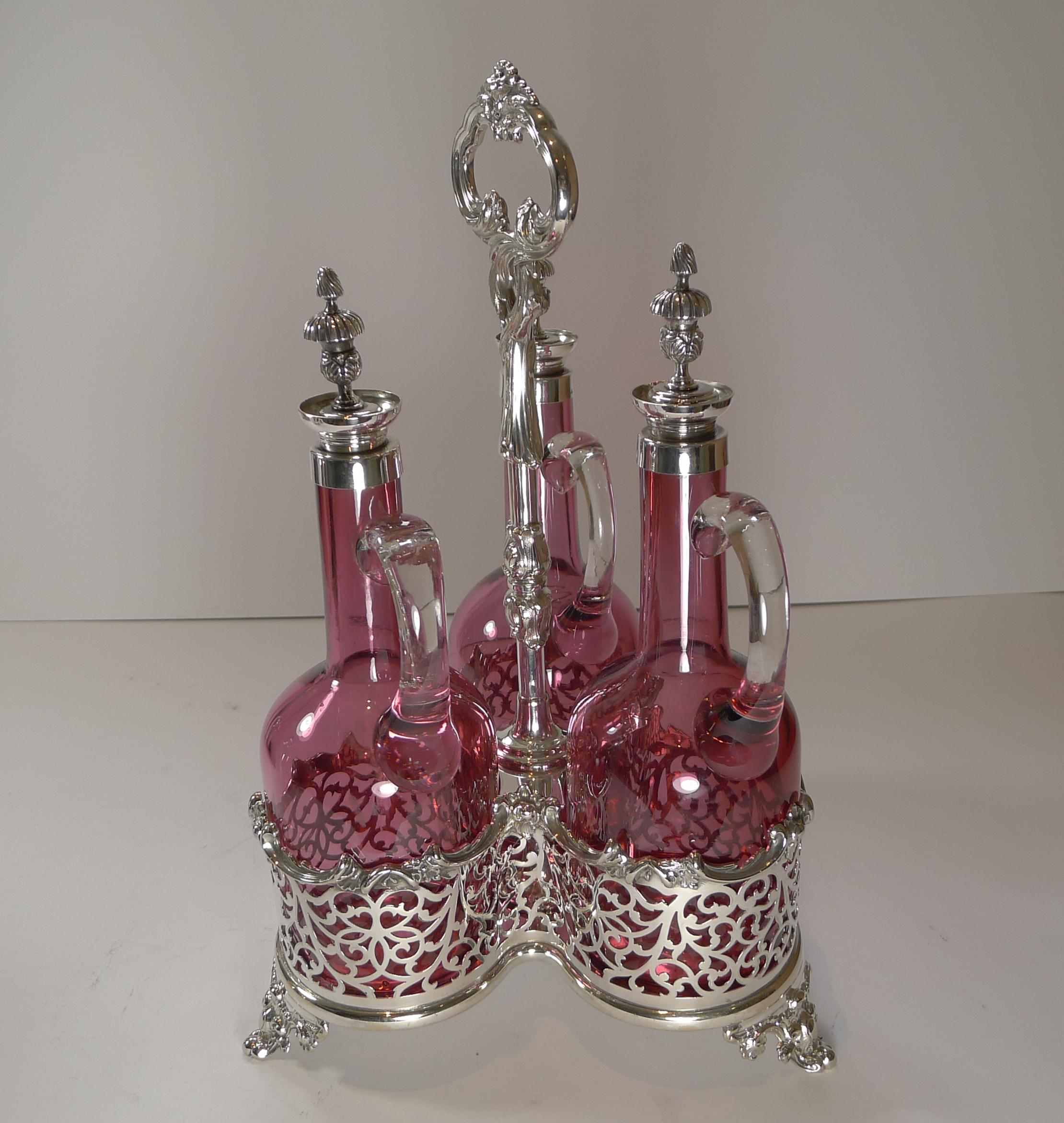 Stunning Cranberry Glass and Silver Plate Decanter Set c.1890 For Sale 7