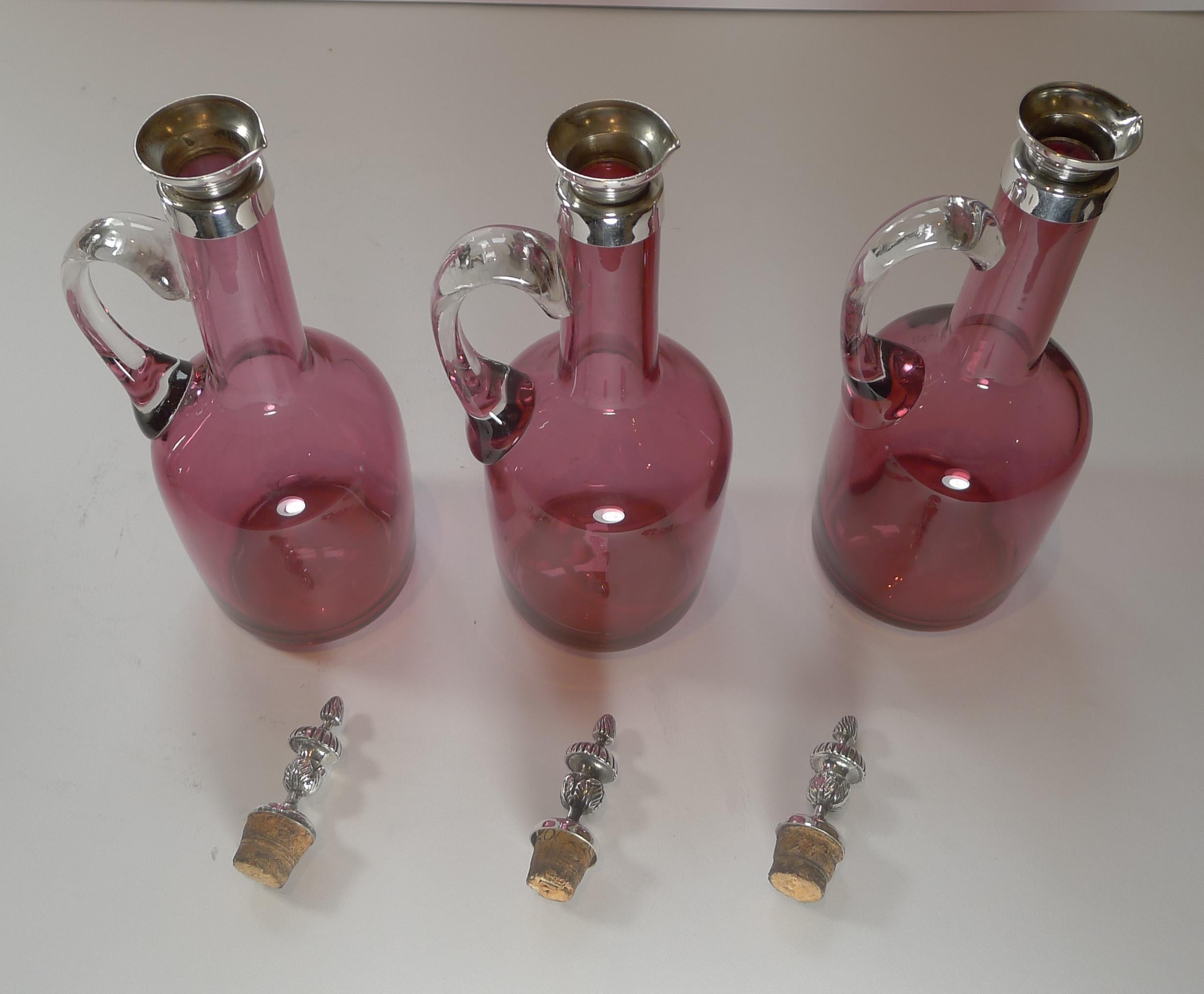 Late Victorian Stunning Cranberry Glass and Silver Plate Decanter Set c.1890 For Sale