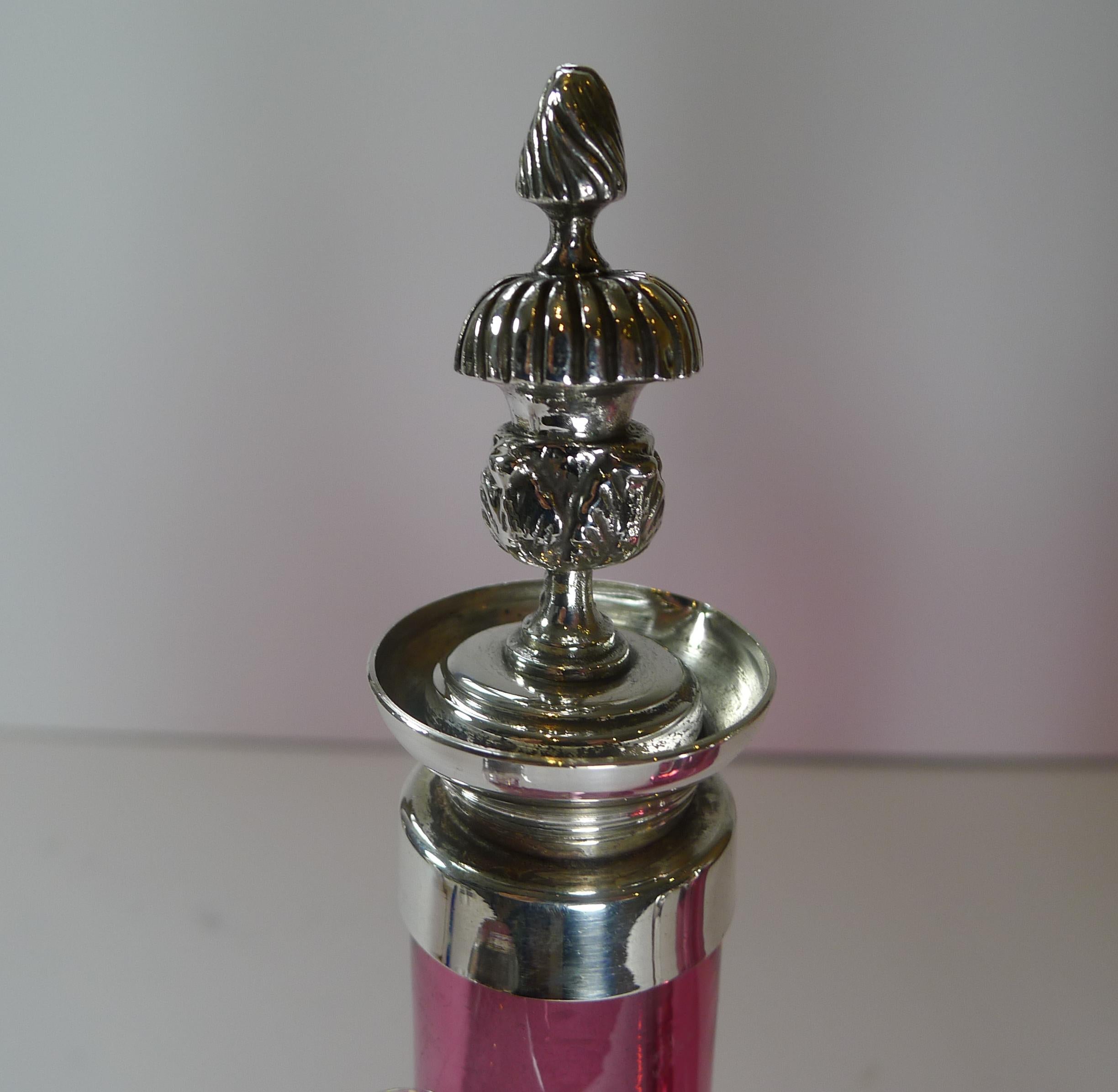 English Stunning Cranberry Glass and Silver Plate Decanter Set c.1890 For Sale