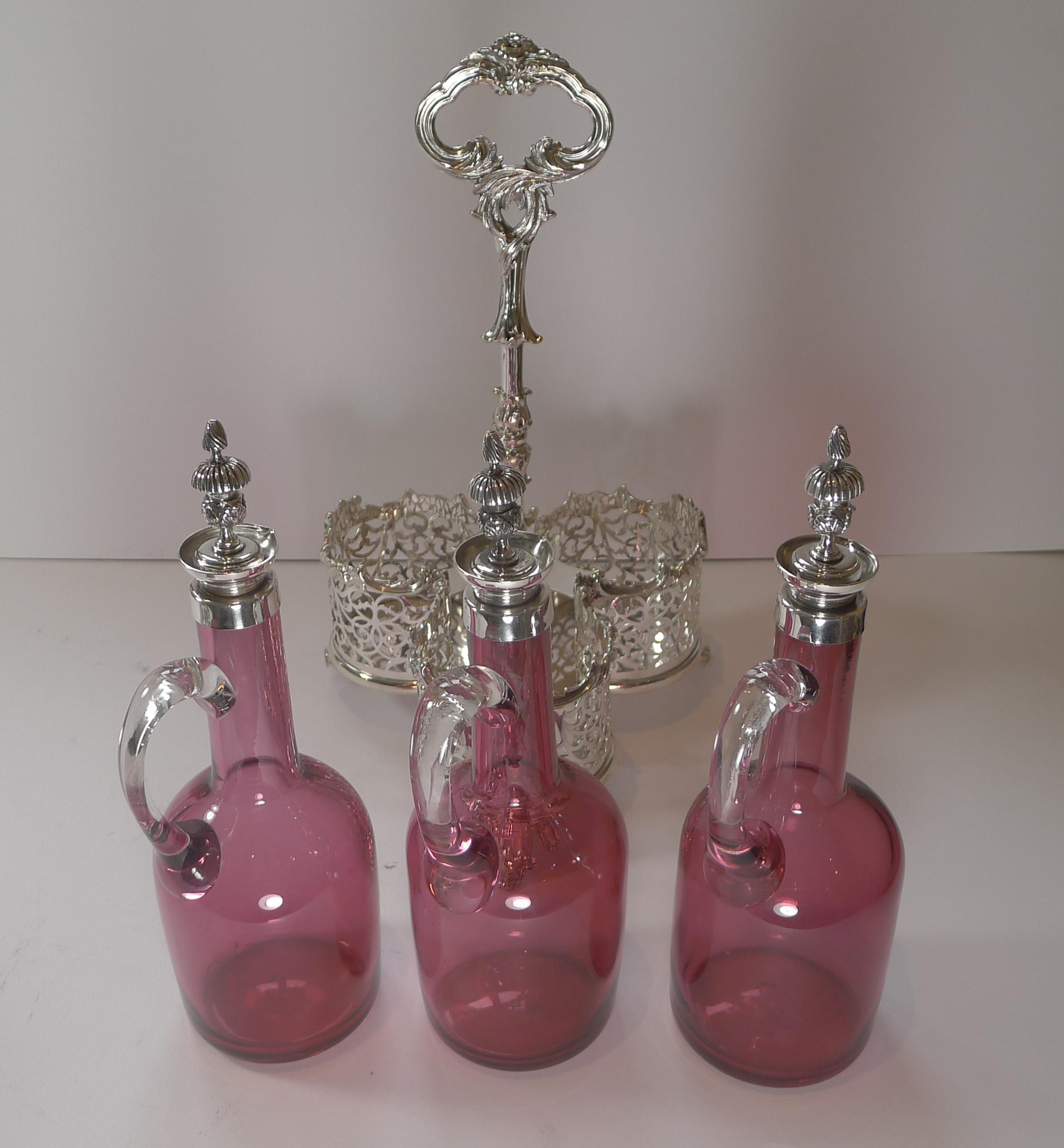 Stunning Cranberry Glass and Silver Plate Decanter Set c.1890 In Good Condition For Sale In Bath, GB