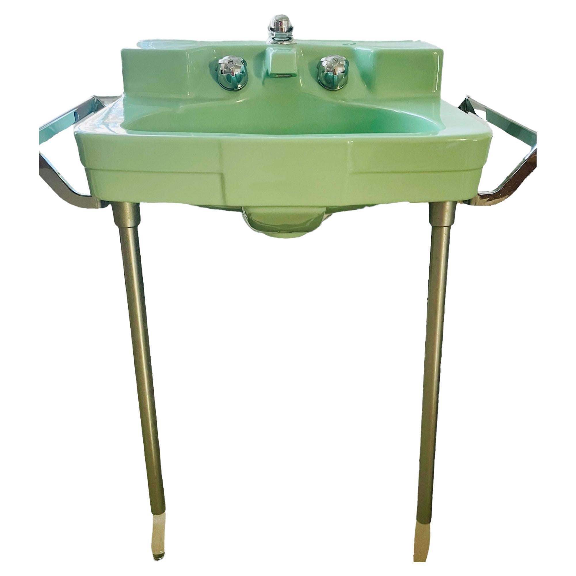 Stunning Crane “Drexel” Sink in Jade, Featuring Chrome Towel Bars and Legs