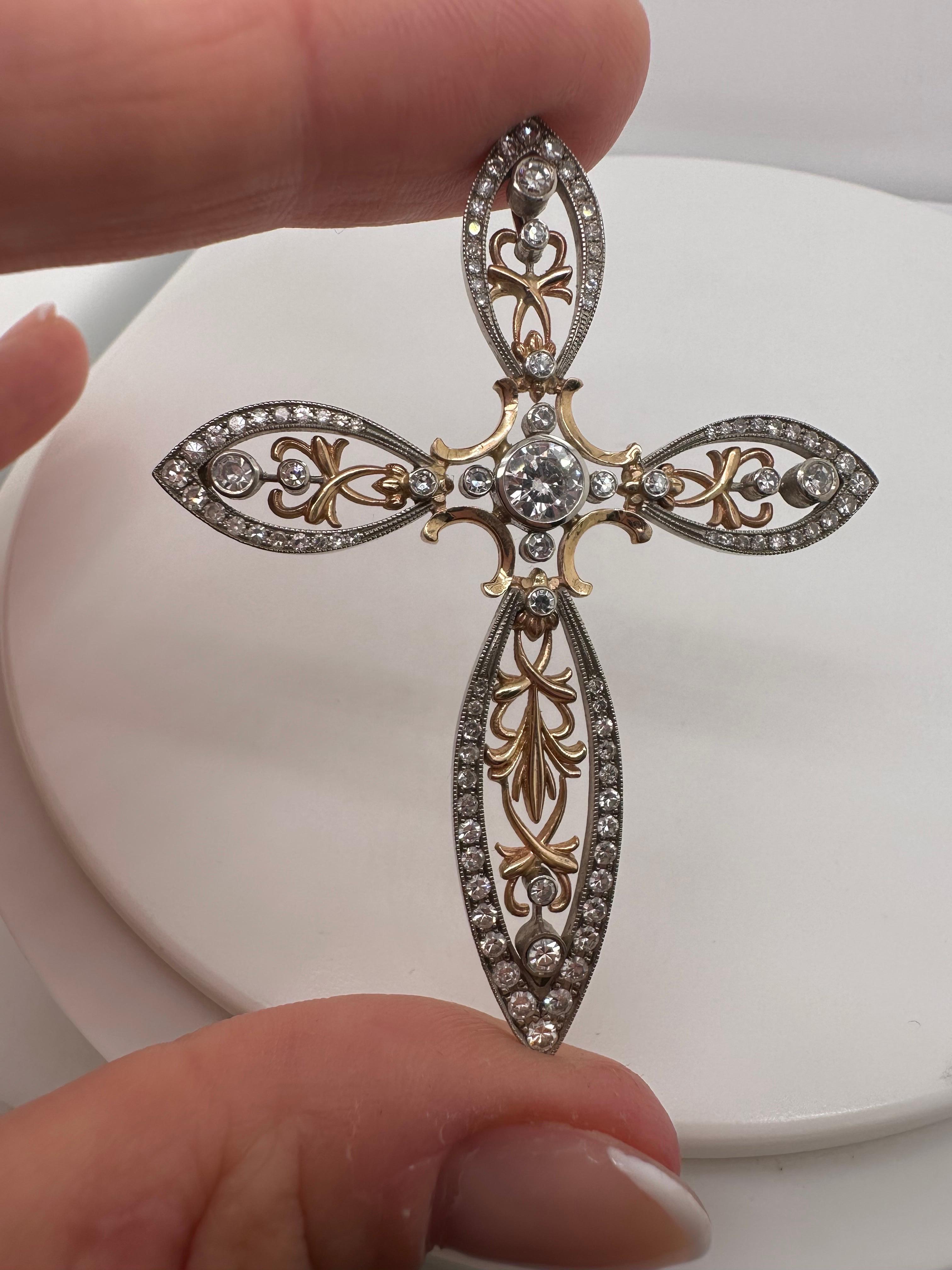 Cross ready to be shipped. The cross is made of mutliple parts of white and rose gold with round brilliant cut and single cut diamonds. Stunning piece with oustanding craftmanship, designer unknown and year unknown.


DETAILS:
NATURAL