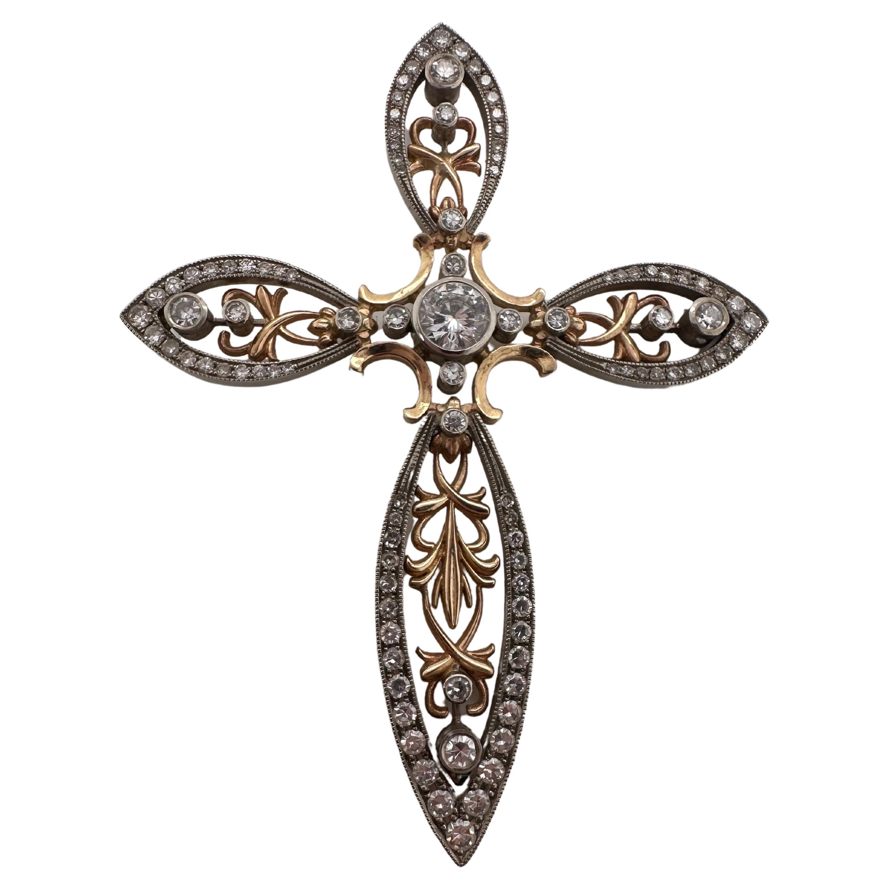 Stunning cross 14Kt gold 2 carats of diamonds HUGE For Sale