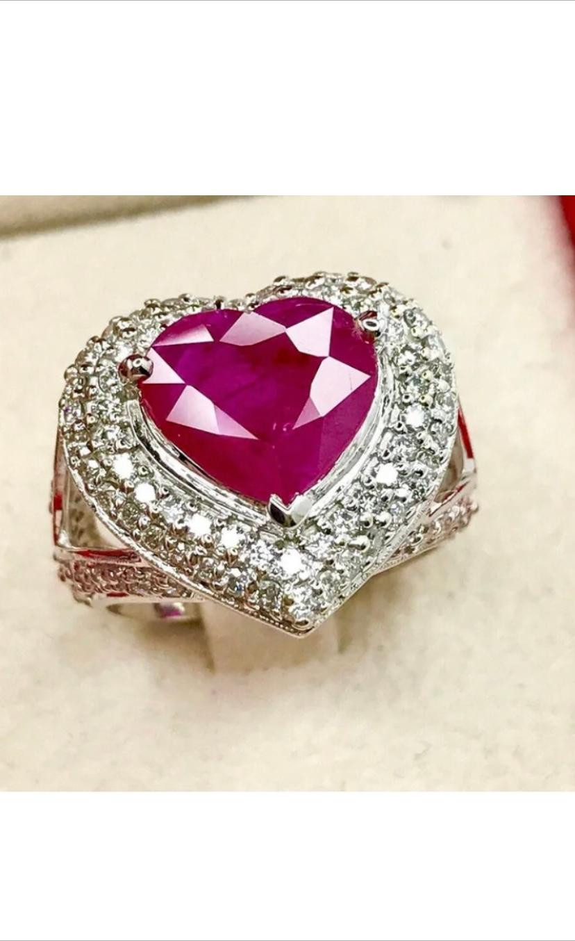 Heart Cut Stunning Ct 3, 74 of Burma Ruby and Diamonds on Ring For Sale
