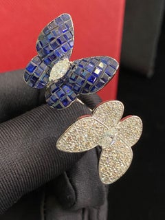 6.50 Carats Blue Sapphires 1.80 Ct Diamonds 14K Gold Butterfly Ring