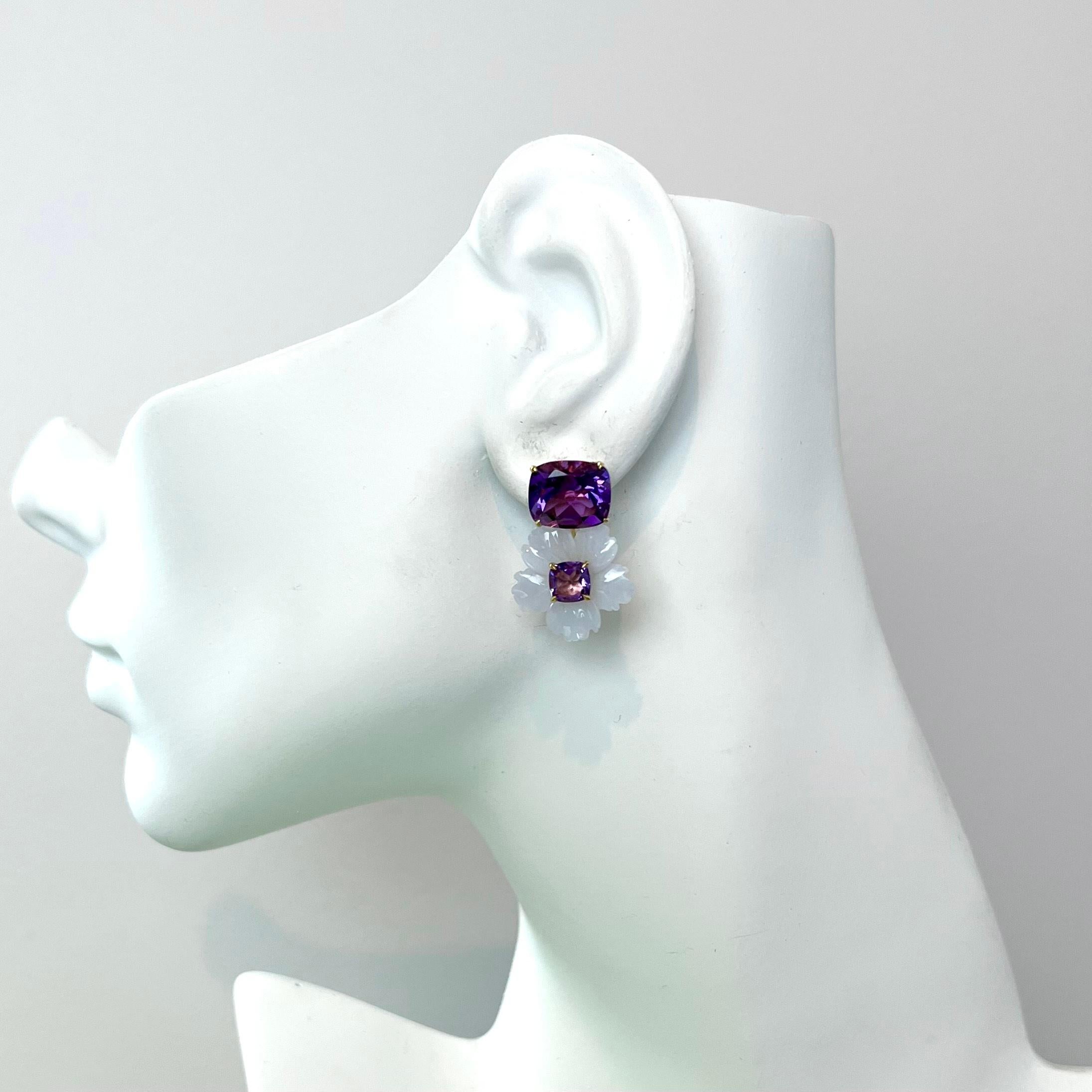 Artisan Stunning Cushion-cut Amethyst and Carved Chalcedony Flower Drop Earrings
