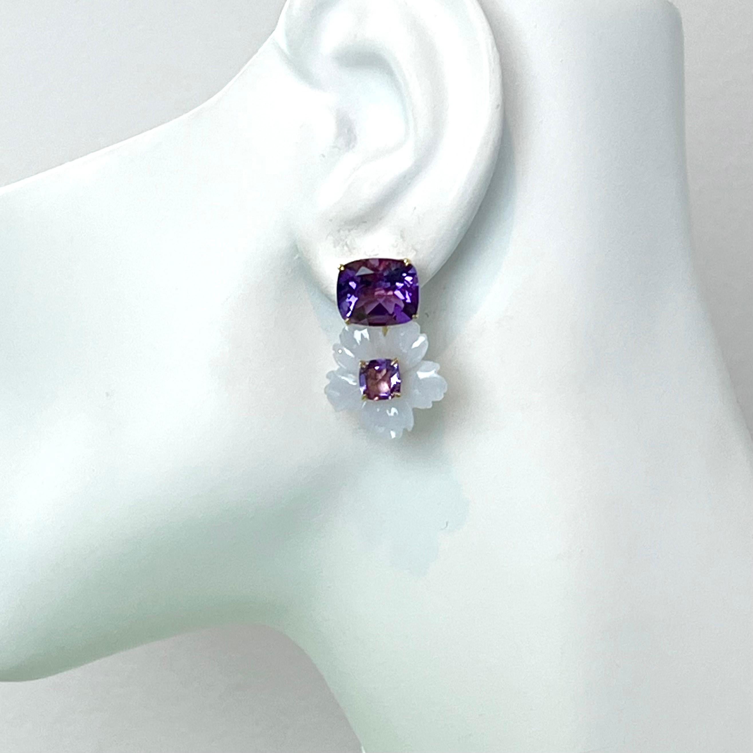 Mixed Cut Stunning Cushion-cut Amethyst and Carved Chalcedony Flower Drop Earrings