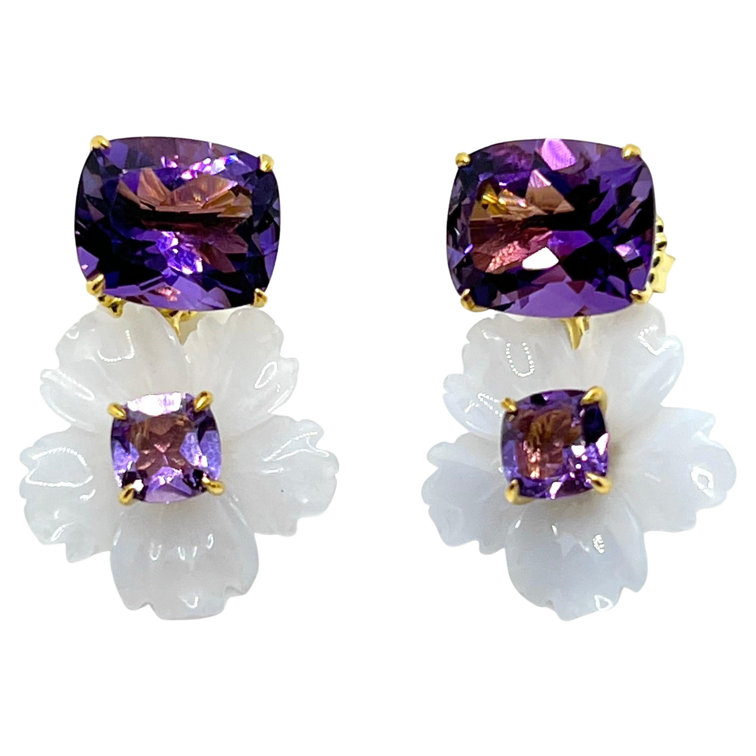 Stunning Cushion-cut Amethyst and Carved Chalcedony Flower Drop Earrings
