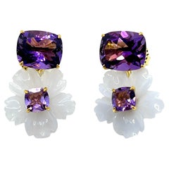 Stunning Cushion-cut Amethyst and Carved Chalcedony Flower Drop Earrings