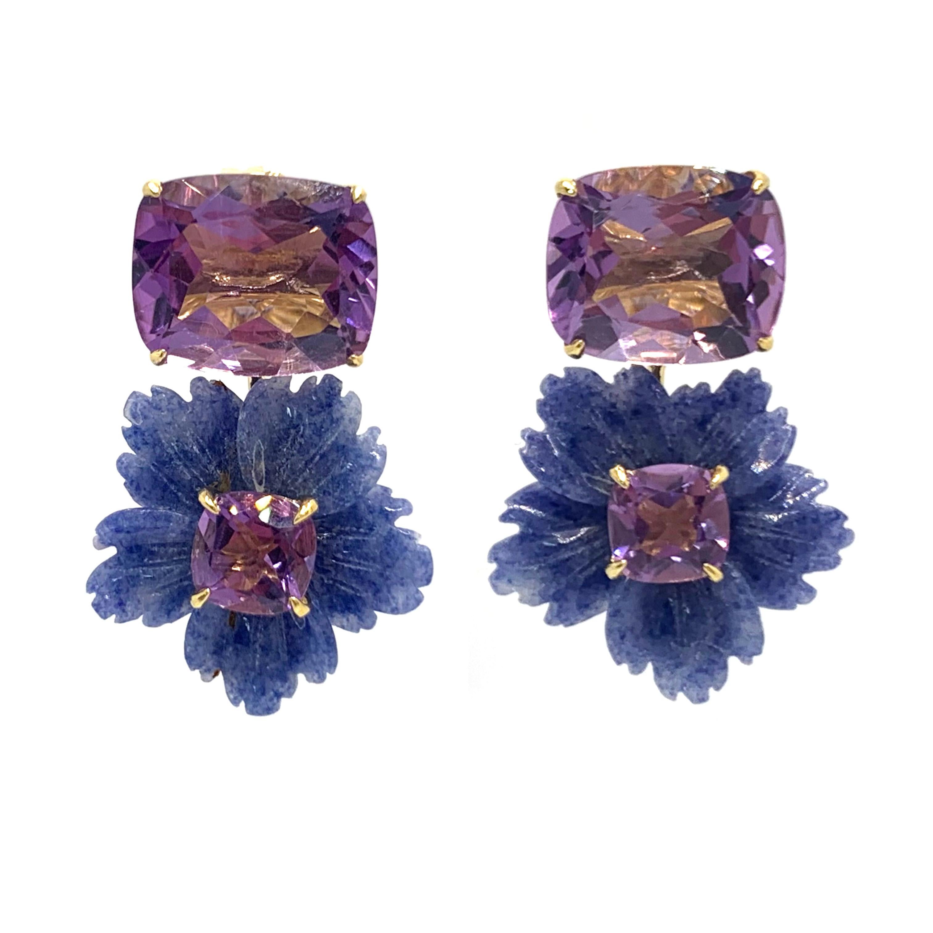 Bijoux Num's Cushion-cut Amethyst and Carved Blue Dumortierite Flower Drop Earrings

This gorgeous pair of earrings features beautiful cushion-cut Brazilian Amethyst,  18mm denim-blue dumortierite carved into beautiful three dimension flower with