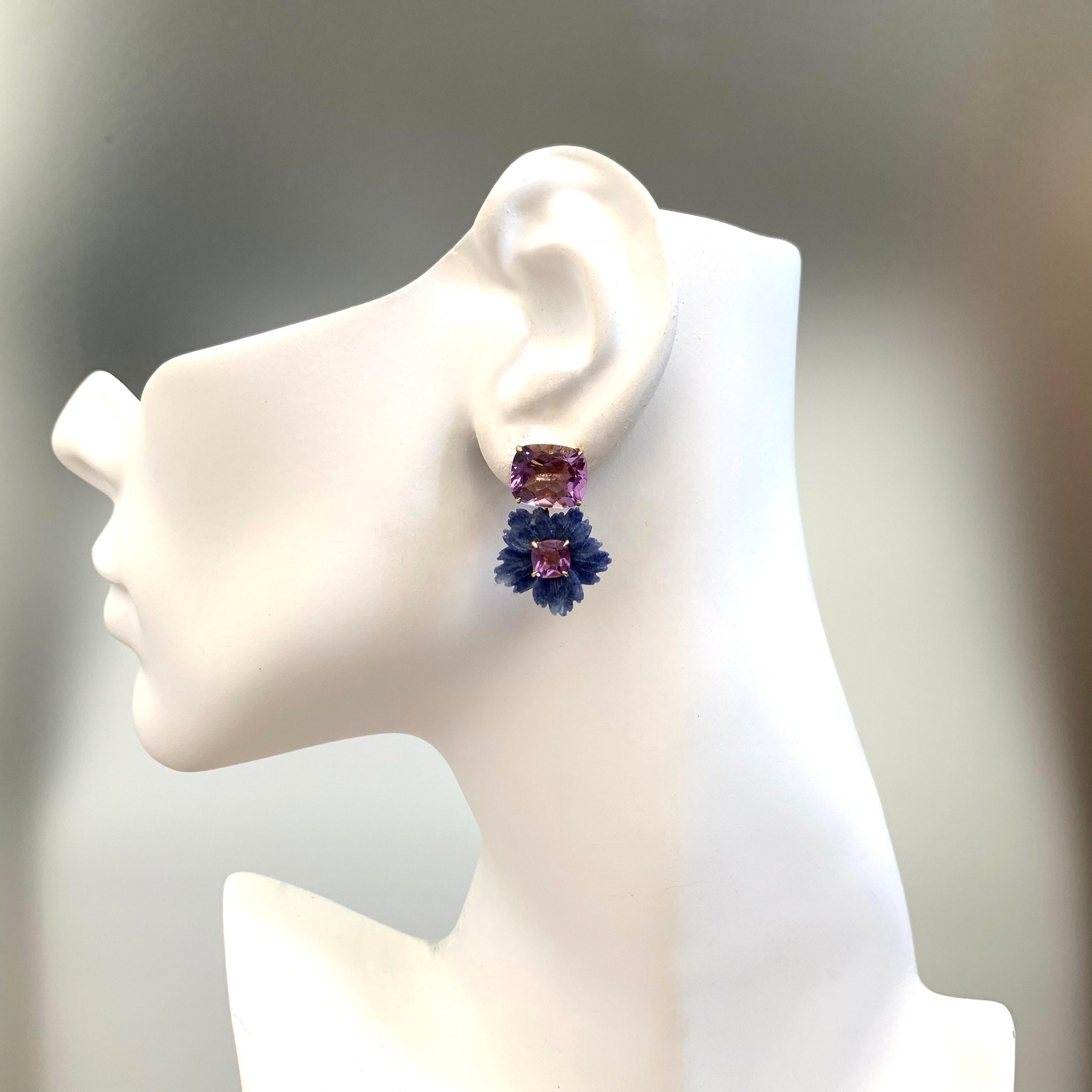 Stunning Cushion-cut Amethyst and Carved Dumortierite Flower Drop Earrings In New Condition In Los Angeles, CA