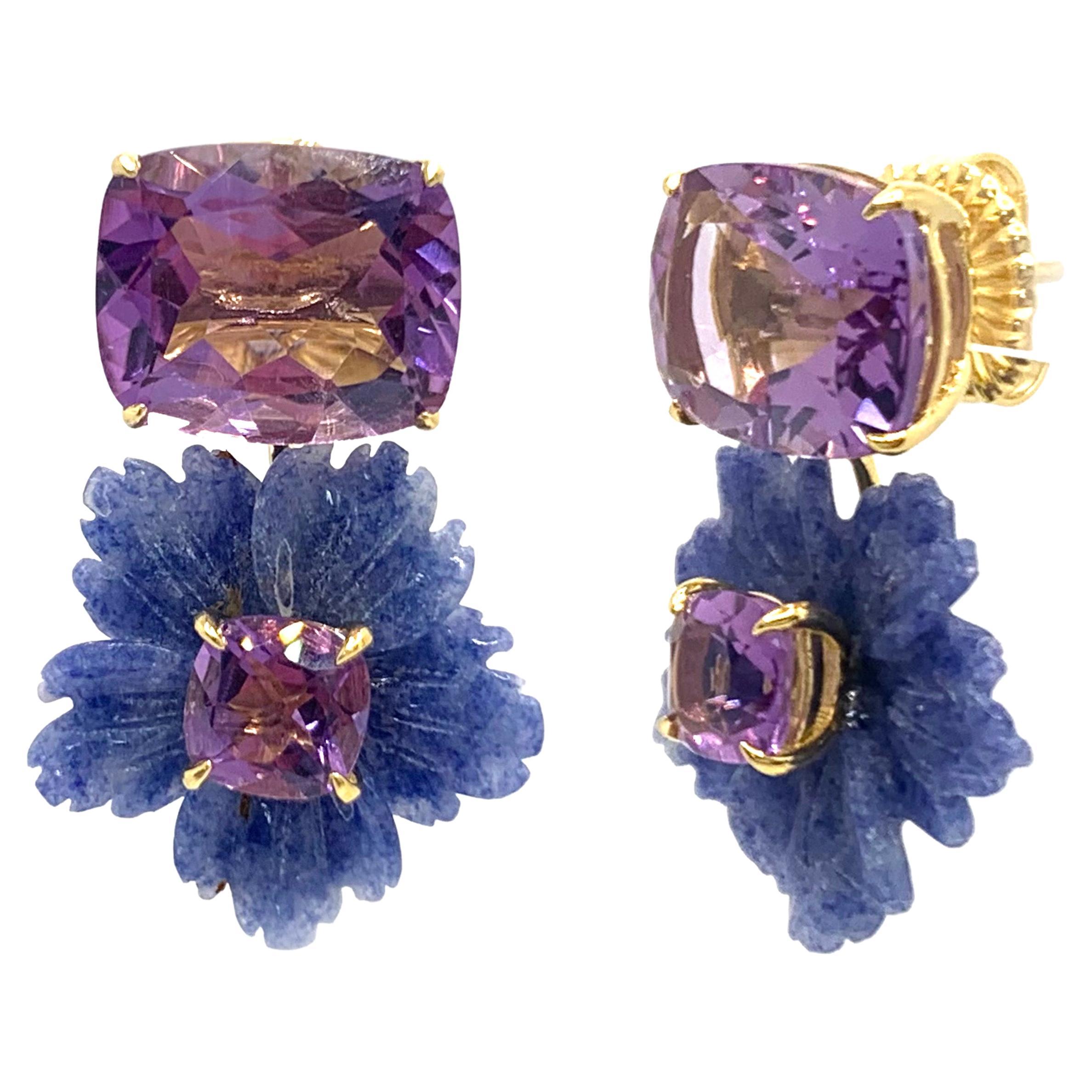Stunning Cushion-cut Amethyst and Carved Dumortierite Flower Drop Earrings