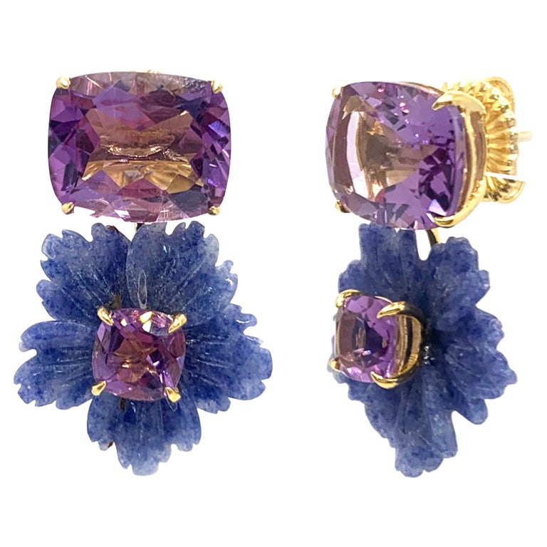 Stunning Cushioncut Amethyst and Carved Dumortierite Flower Drop