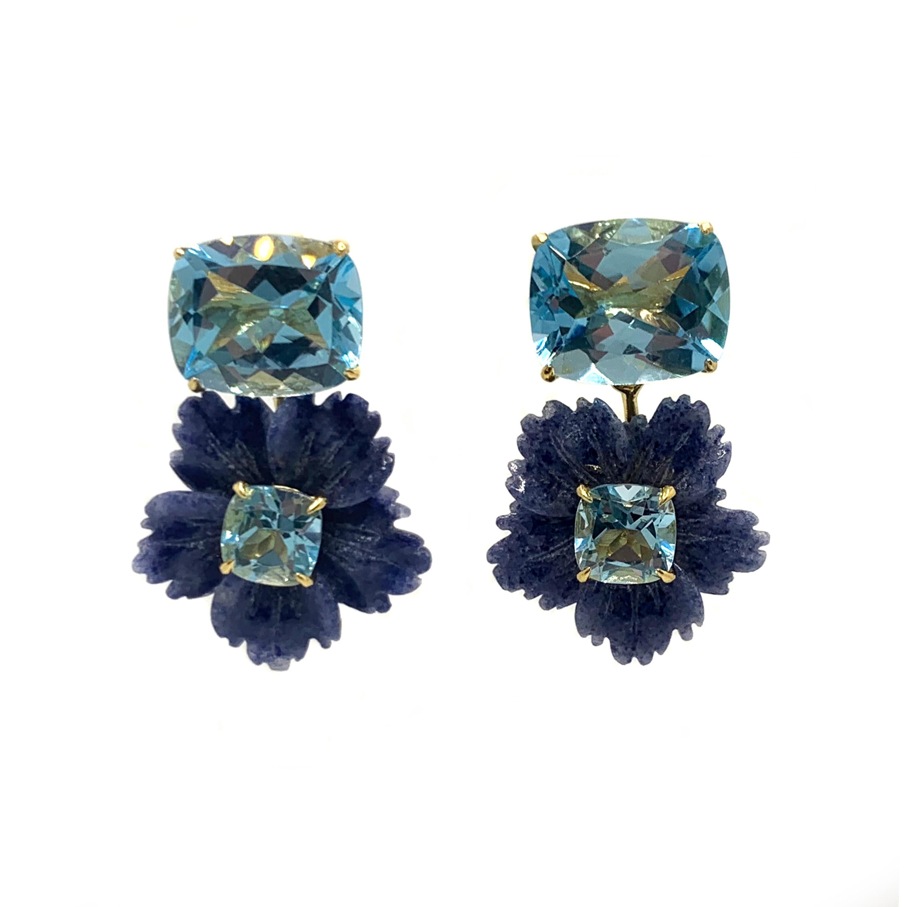 Bijoux Num's Cushion-cut Blue Topaz and Carved Blue Dumortierite Flower Drop Earrings

This gorgeous pair of earrings features beautiful cushion-cut sky blue topaz,  18mm denim-blue dumortierite carved into beautiful three dimension flower with