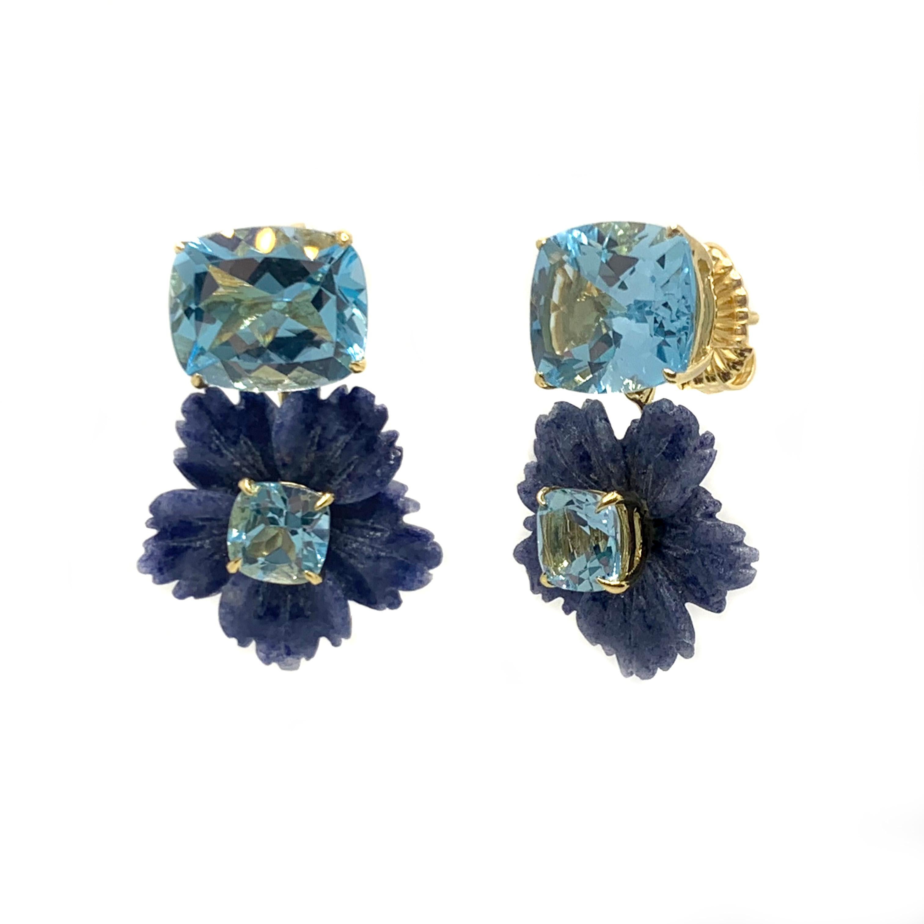 Mixed Cut Stunning Cushion-cut Blue Topaz and Carved Dumortierite Flower Drop Earrings