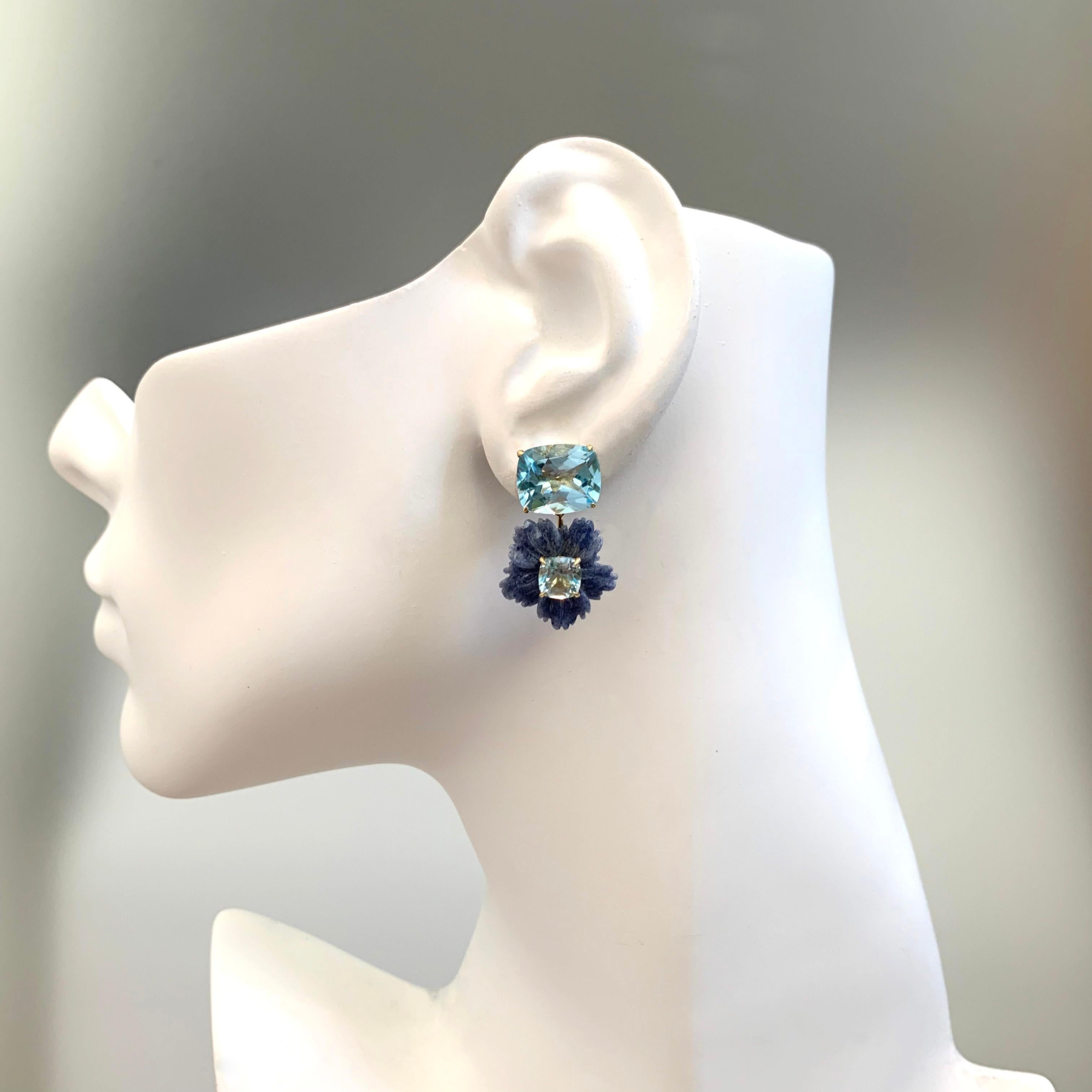 Stunning Cushion-cut Blue Topaz and Carved Dumortierite Flower Drop Earrings In New Condition In Los Angeles, CA