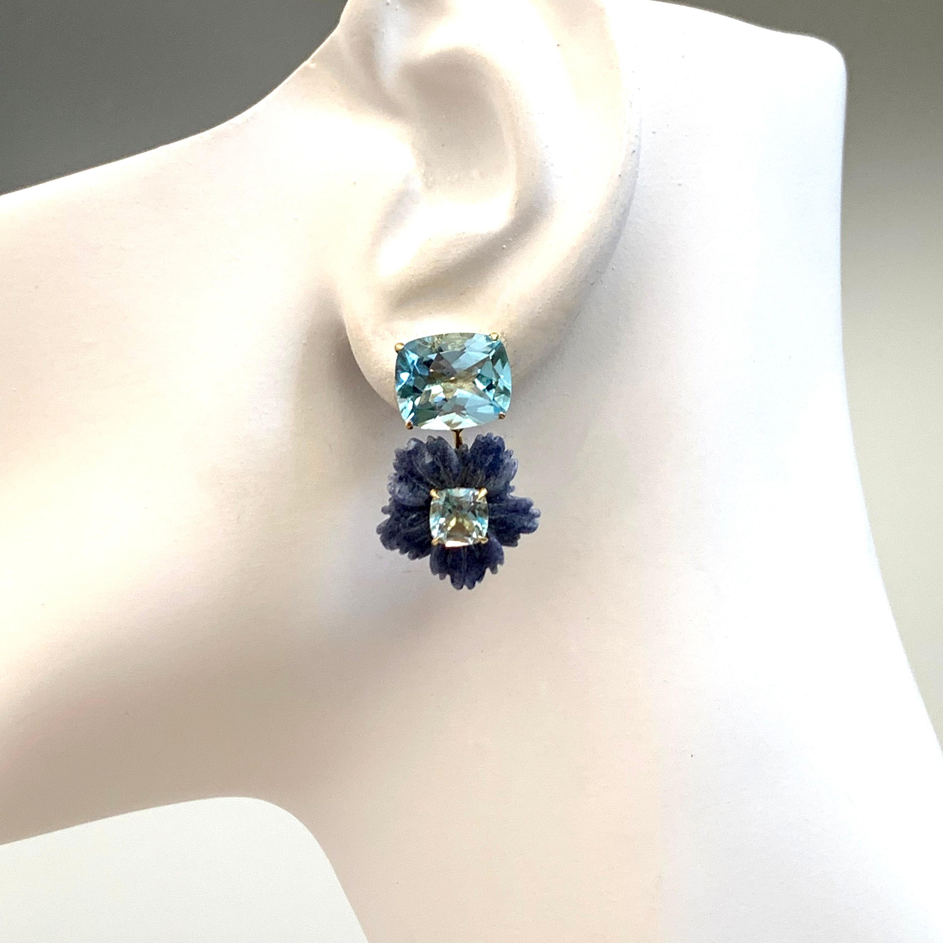  Superbes boucles d'oreilles pendantes en topaze bleue taillée en coussin et fleur sculptée en dumortierite Pour femmes 