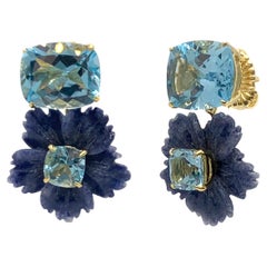 Stunning Cushion-cut Blue Topaz and Carved Dumortierite Flower Drop Earrings