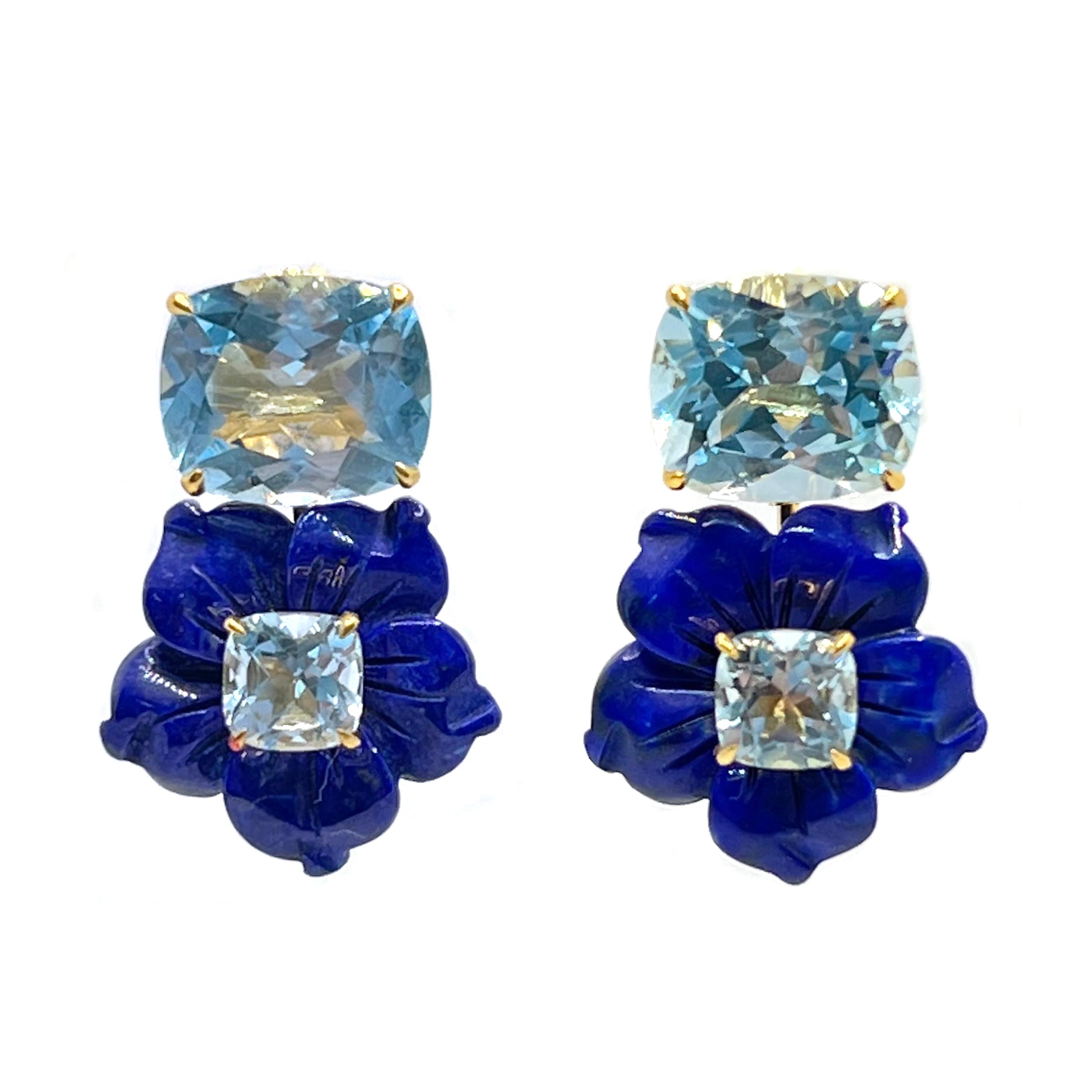Bijoux Num Cushion-cut Blue Topaz and Carved Lapis Lazuli Flower Drop Earrings

This gorgeous pair of earrings features beautiful cushion-cut sky blue topaz,  18mm blue lapis lazuli carved into beautiful three dimension flower with cushion-cut sky