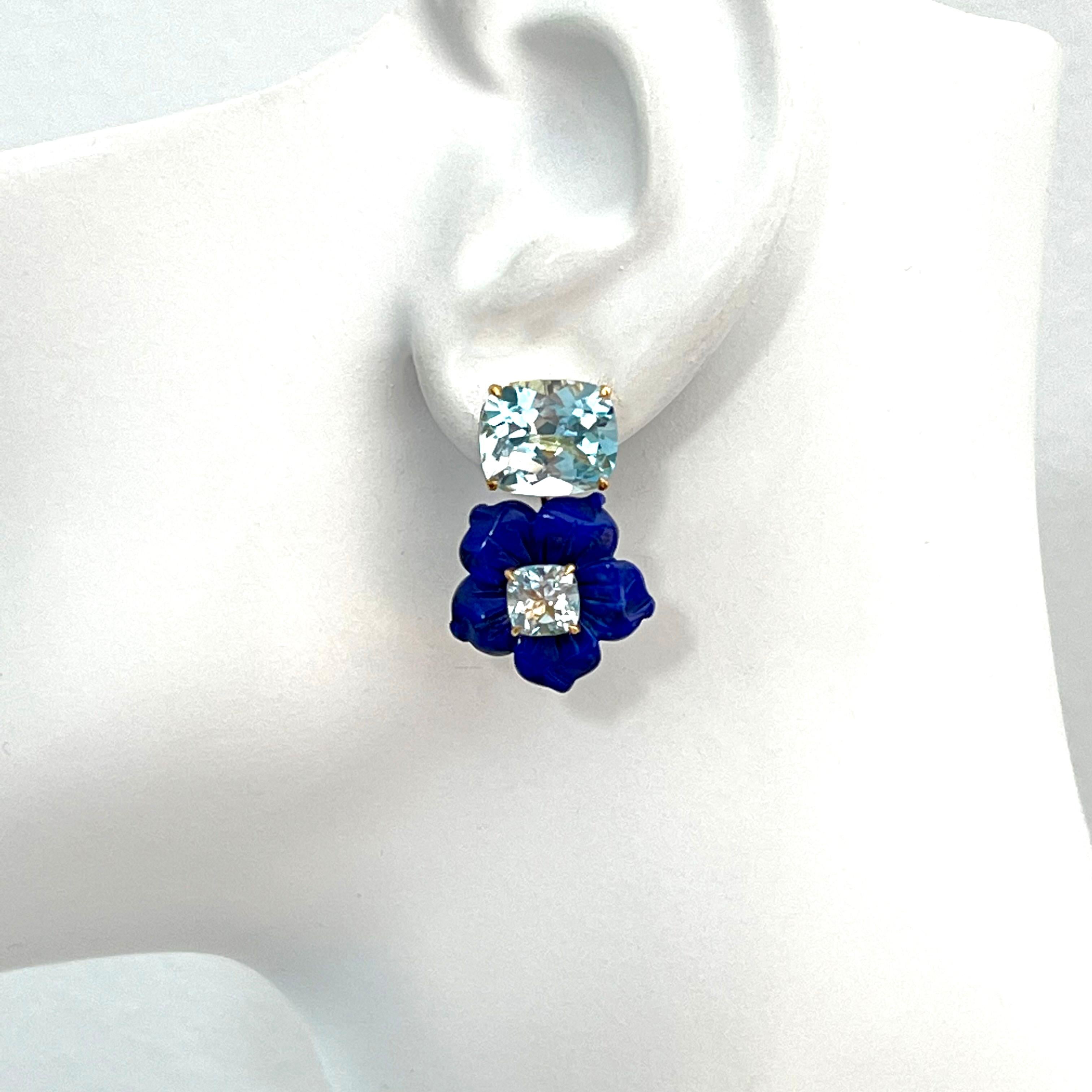 Stunning Cushion-cut Blue Topaz and Carved Lapis Lazuli Flower Drop Earrings In New Condition For Sale In Los Angeles, CA