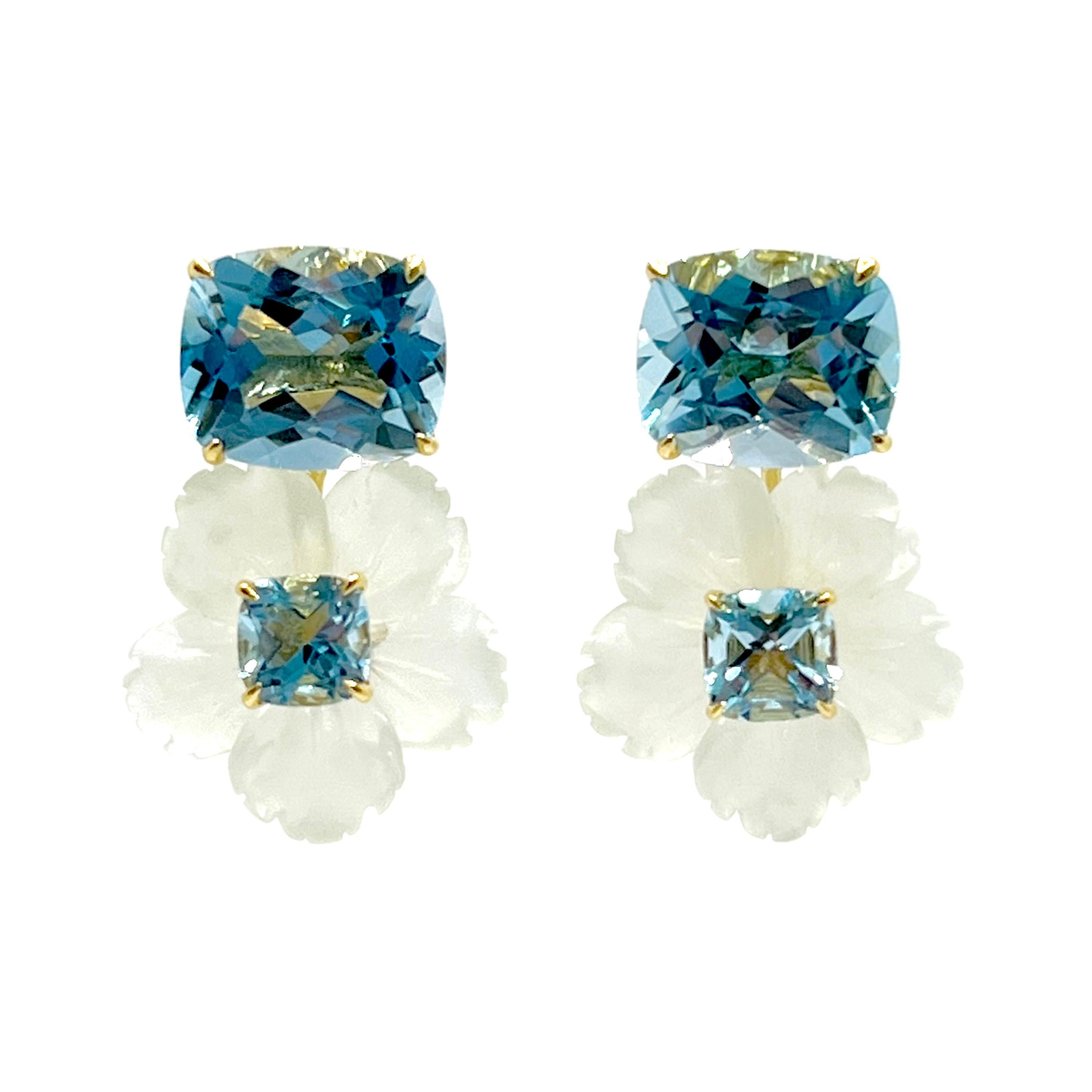 Bijoux Num's Cushion-cut Blue Topaz and Carved Blue Serpentine Flower Drop Earrings

This gorgeous pair of earrings features beautiful cushion-cut sky blue topaz,  18mm pastel-green serpentine carved into beautiful three dimension flower with