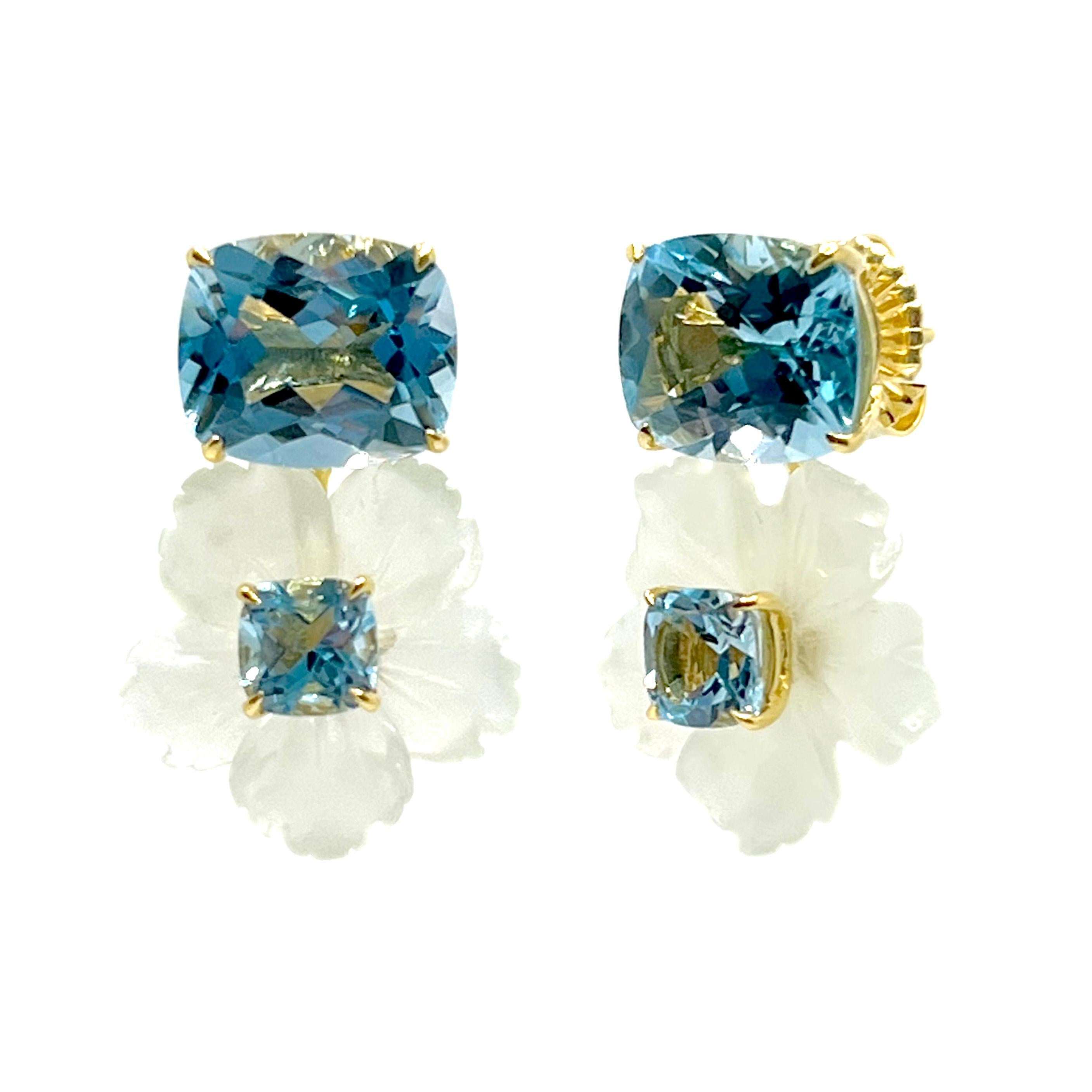 Artisan Stunning Cushion-cut Blue Topaz and Carved Serpentine Flower Drop Earrings For Sale