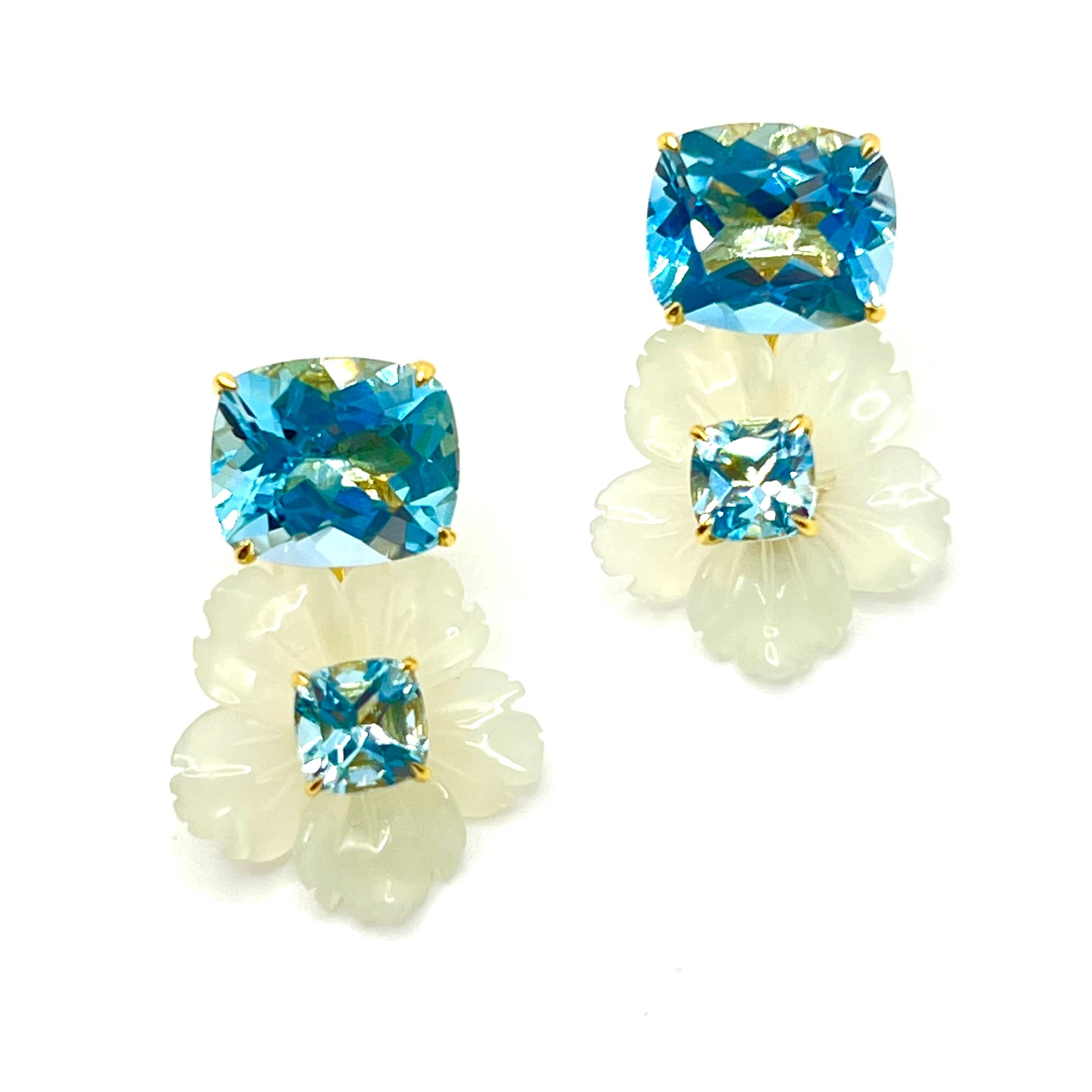 Mixed Cut Stunning Cushion-cut Blue Topaz and Carved Serpentine Flower Drop Earrings For Sale